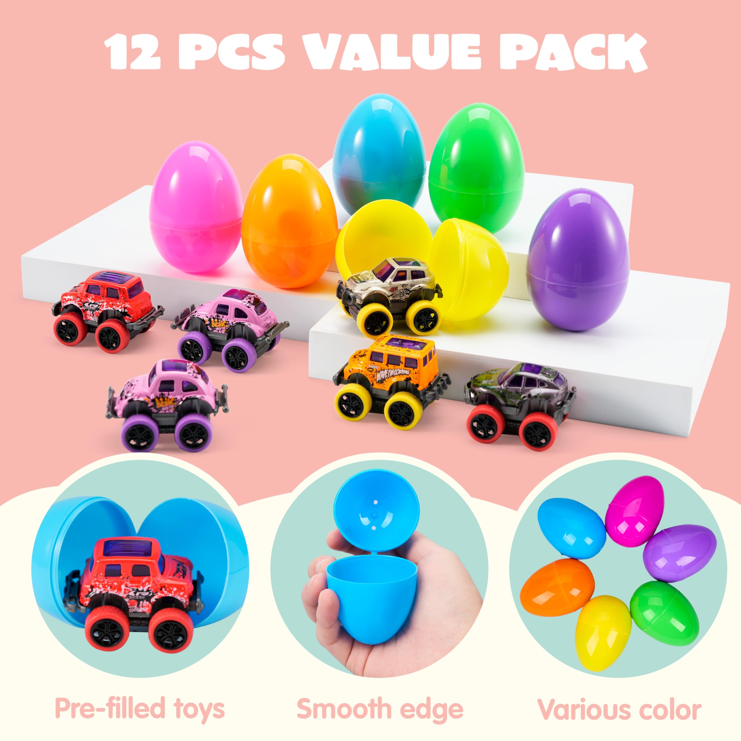 JOYIN 12 Pcs Easter Eggs with Pull-Back Monster Cars – Easter Egg Hunt Toys, Classroom Prizes & Party Favors