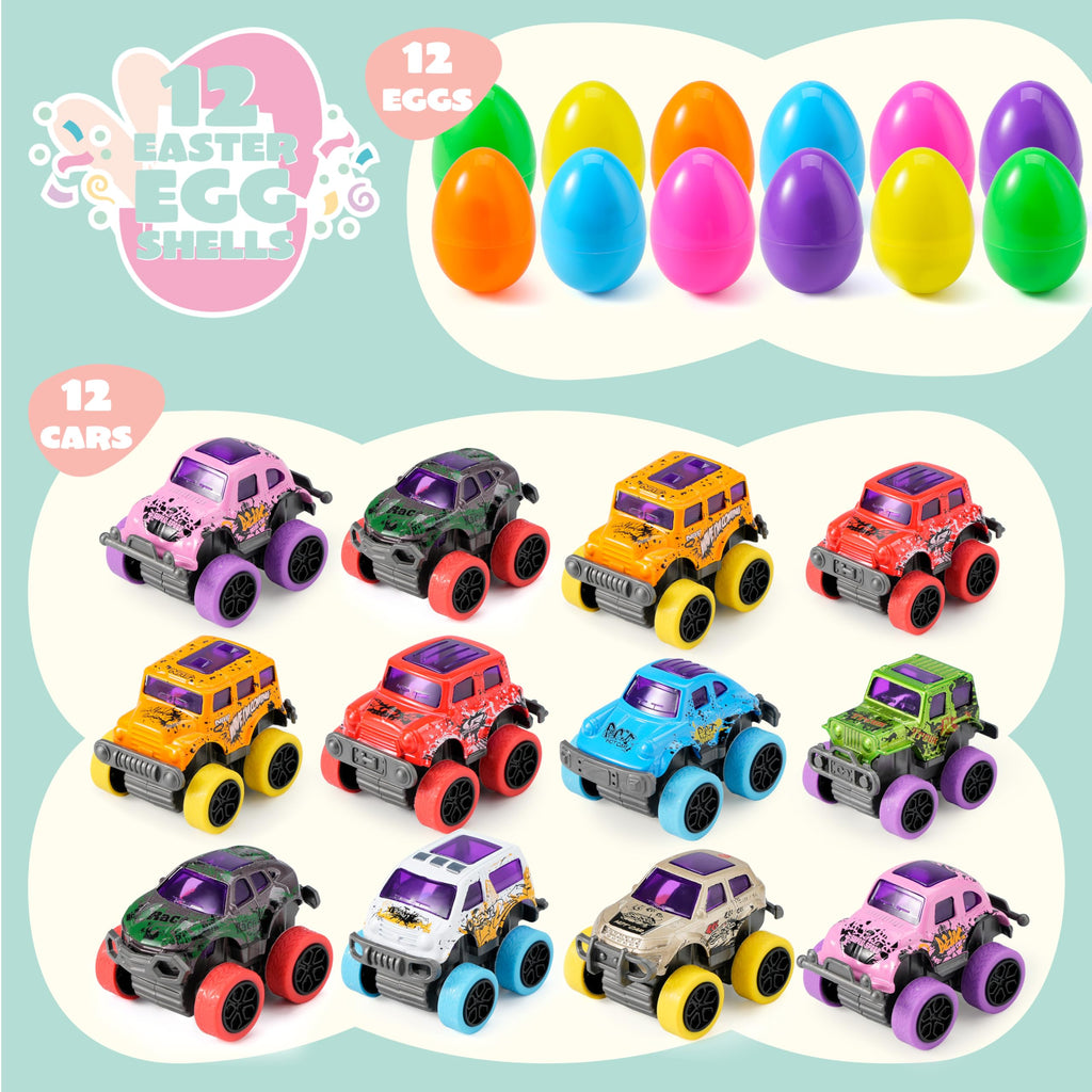 JOYIN 12 Pcs Easter Eggs with Pull-Back Monster Cars – Easter Egg Hunt Toys, Classroom Prizes & Party Favors