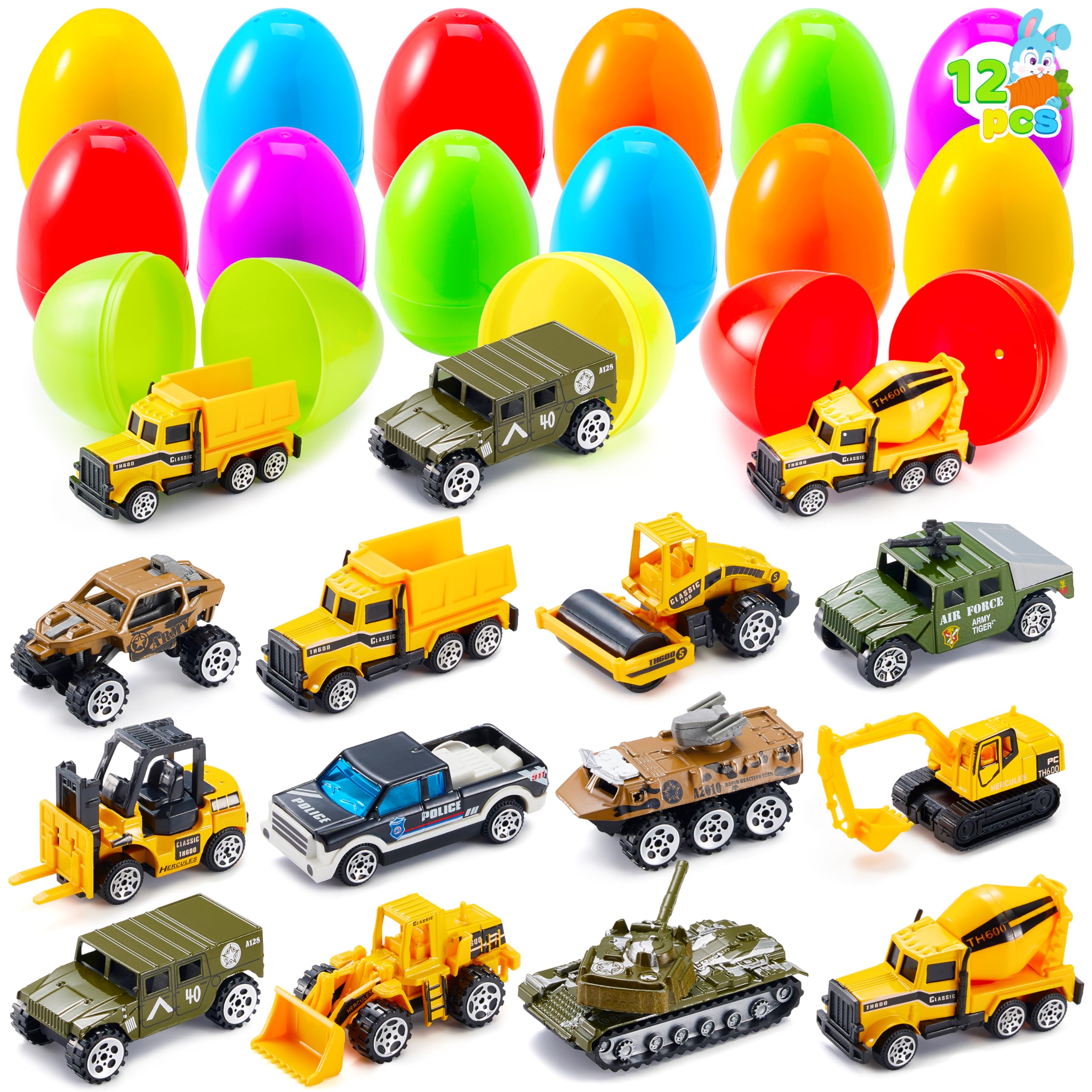 JOYIN 12 Pcs Prefilled Easter Eggs with Die-Cast Vehicles | Easter Egg Hunt Toys & Party Favors