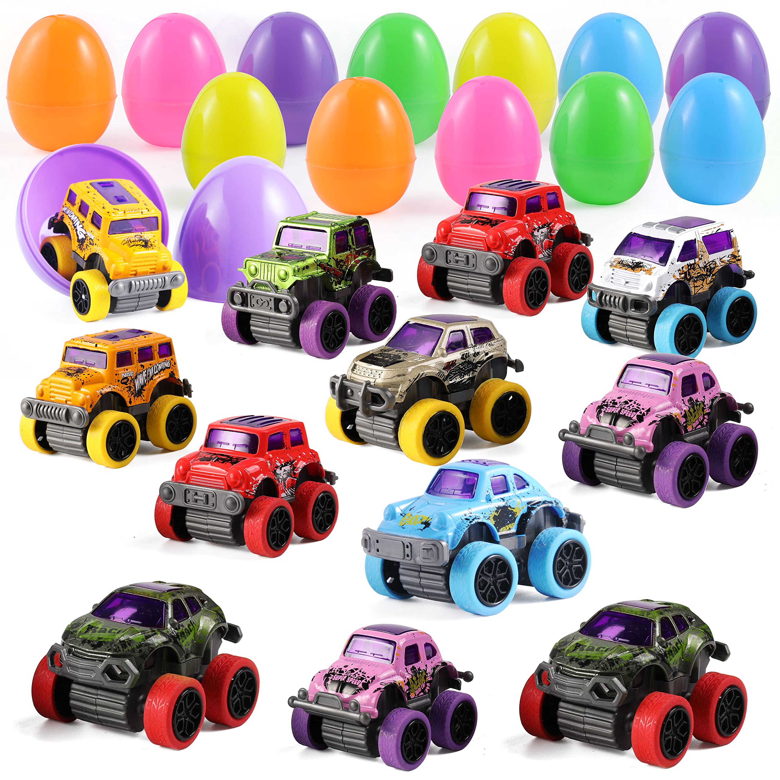 JOYIN 12 Pcs Easter Eggs with Pull-Back Monster Cars – Easter Egg Hunt Toys, Classroom Prizes & Party Favors