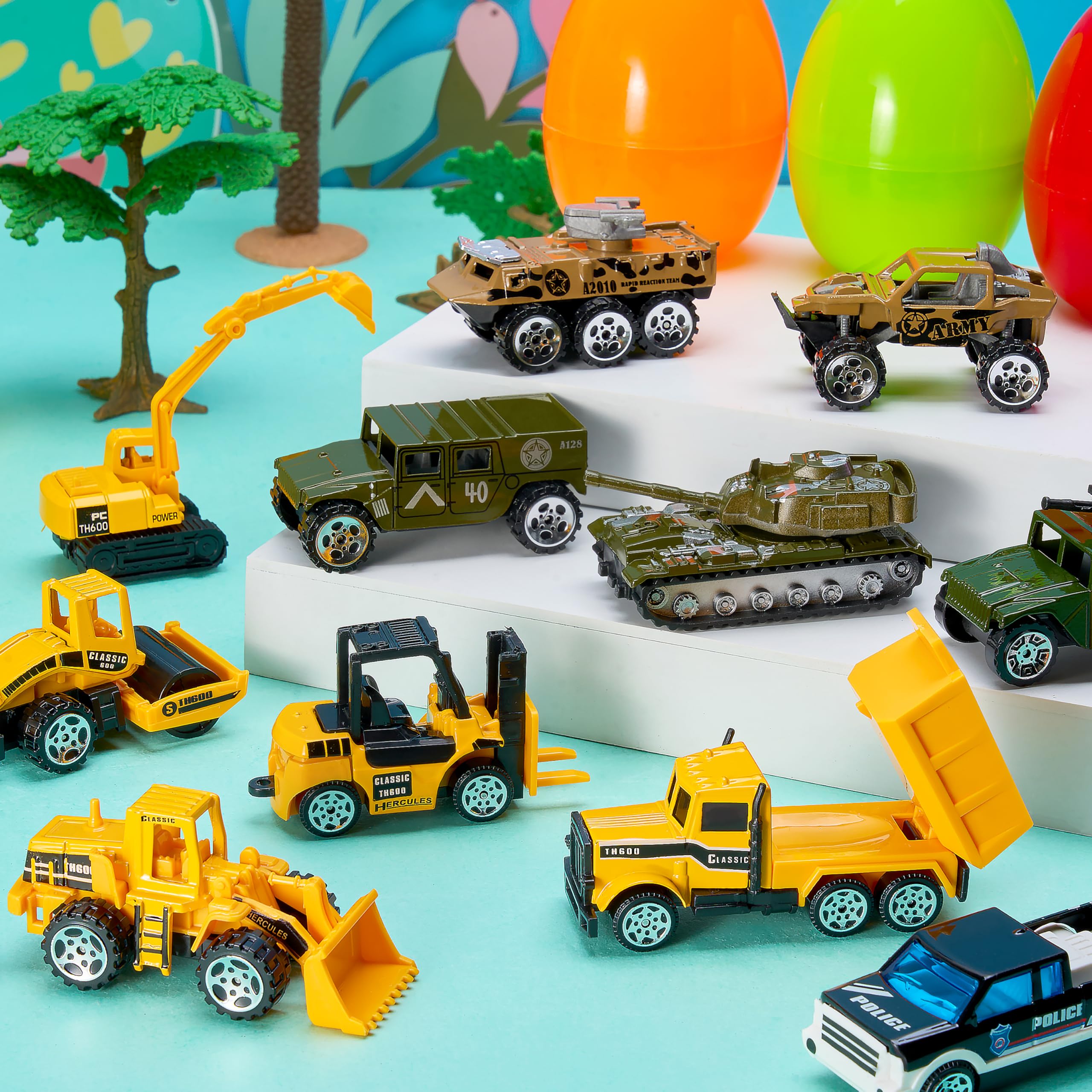 JOYIN 12 Pcs Prefilled Easter Eggs with Die-Cast Vehicles | Easter Egg Hunt Toys & Party Favors