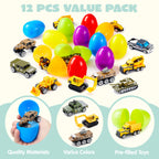 JOYIN 12 Pcs Prefilled Easter Eggs with Die-Cast Vehicles | Easter Egg Hunt Toys & Party Favors