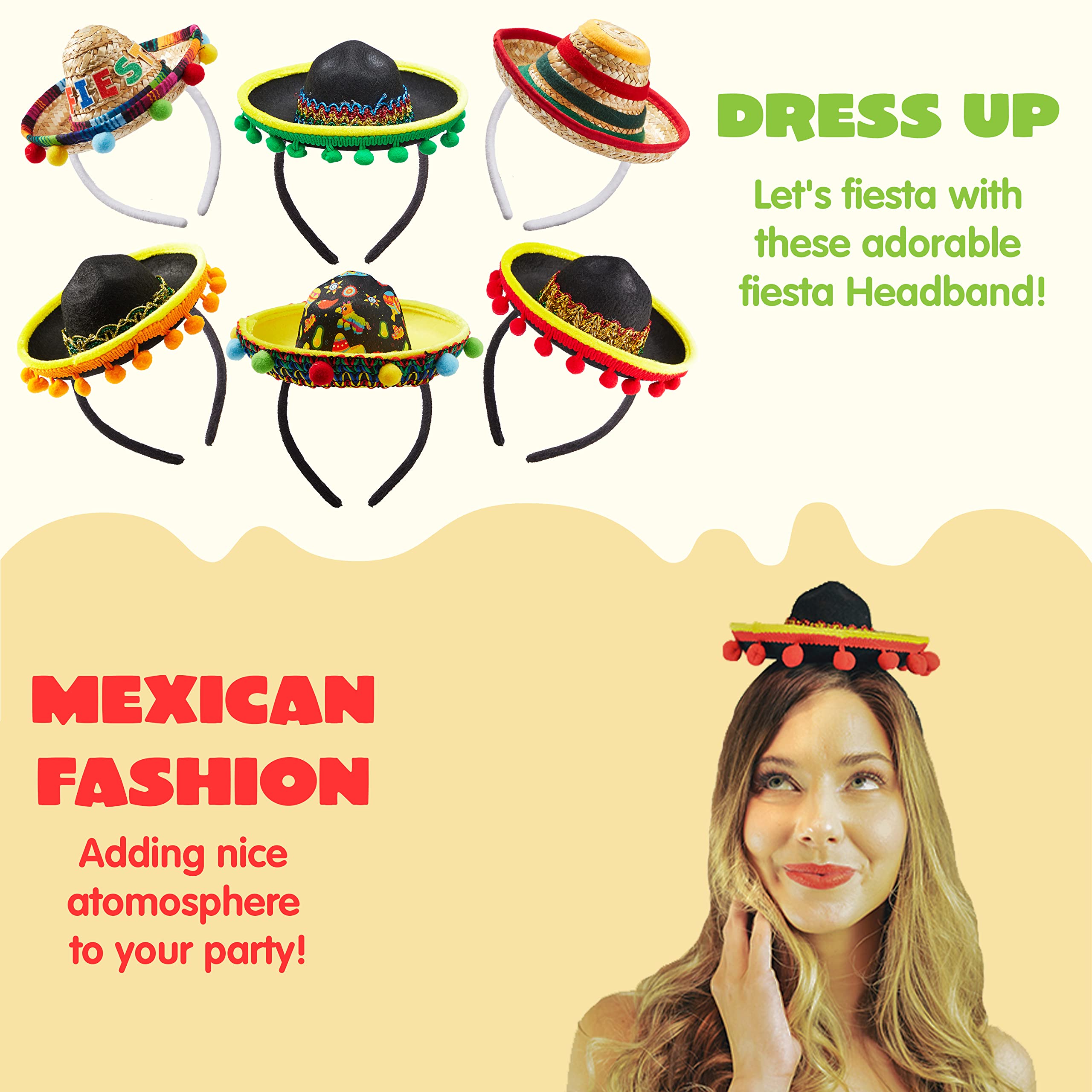 JOYIN 6-Pack Cinco De Mayo Fiesta Fabric & Straw Sombrero Headbands – Party Props & Favors