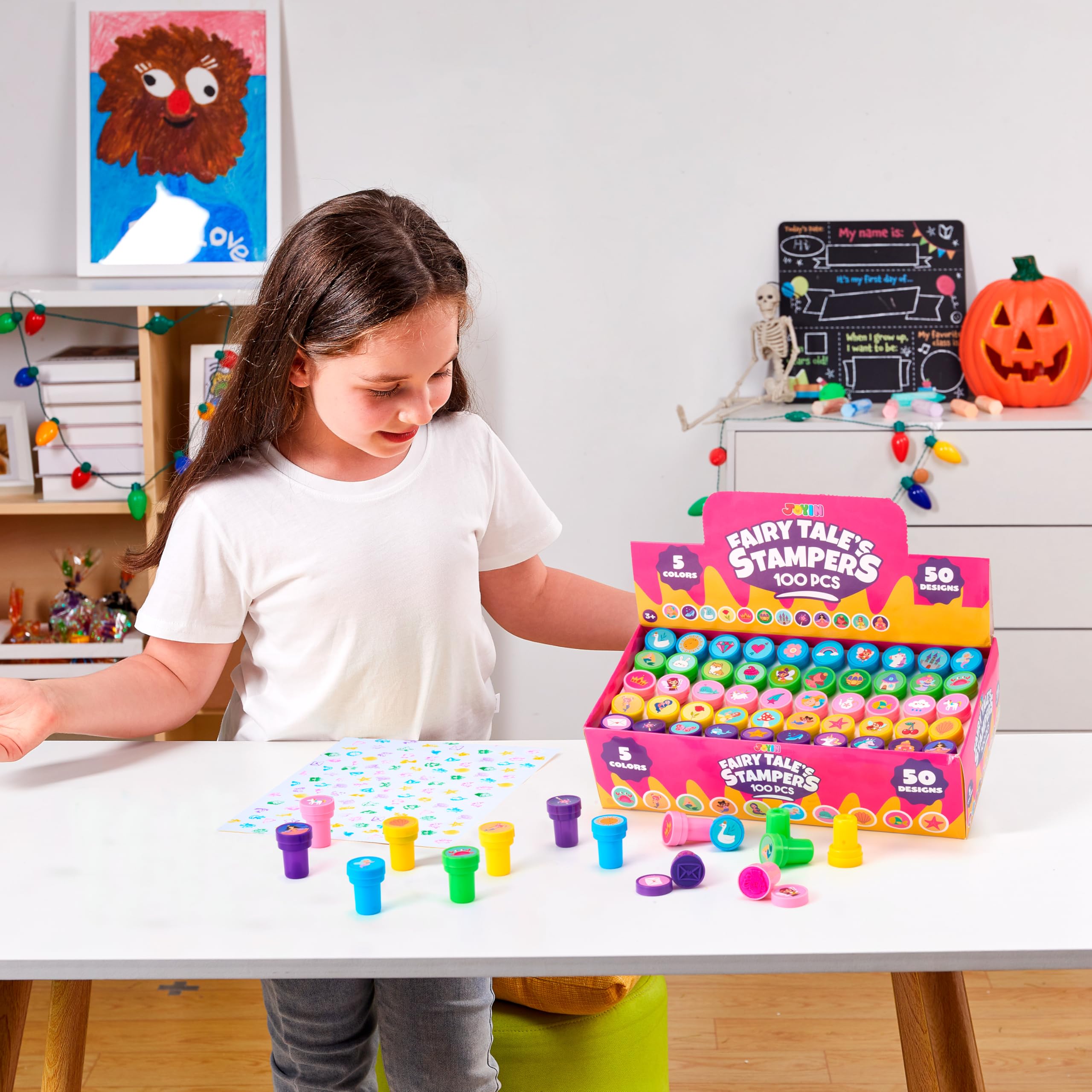 JOYIN 100Pcs FairyTale Stamps – 50 Designs Self-Ink Kids Stamps for Party & Classroom