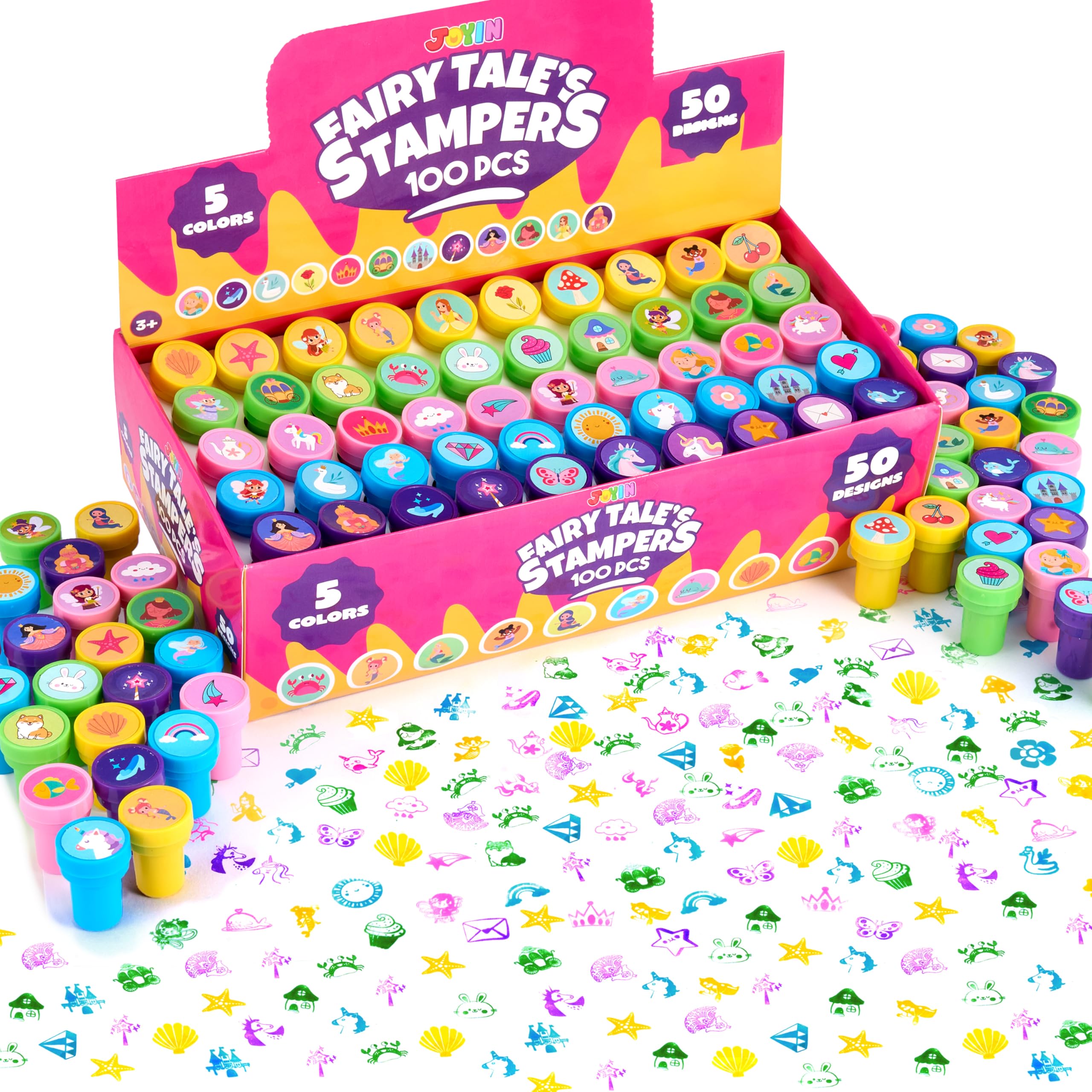 JOYIN 100Pcs FairyTale Stamps – 50 Designs Self-Ink Kids Stamps for Party & Classroom