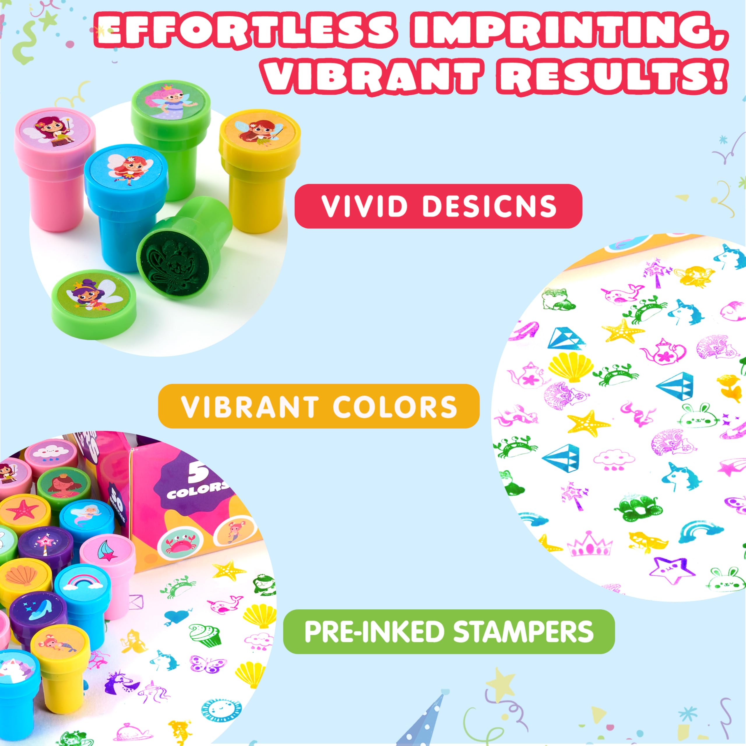 JOYIN 100Pcs FairyTale Stamps – 50 Designs Self-Ink Kids Stamps for Party & Classroom