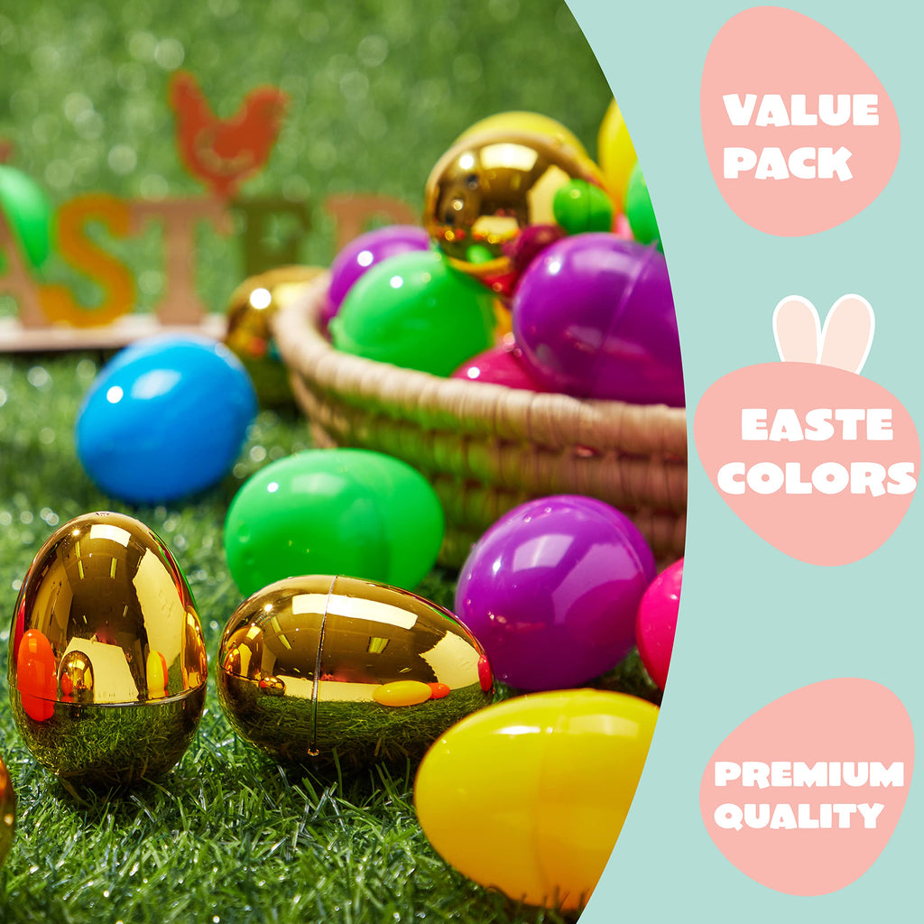 JOYIN 300Pcs Easter Eggs – 2.3" Fillable Plastic Eggs with 6 Golden Eggs for Easter Hunts & Party Decor