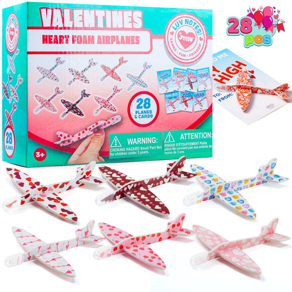 JOYIN 28-Pack Valentine Foam Airplanes with Greeting Cards | Classroom Exchange & Party Favors