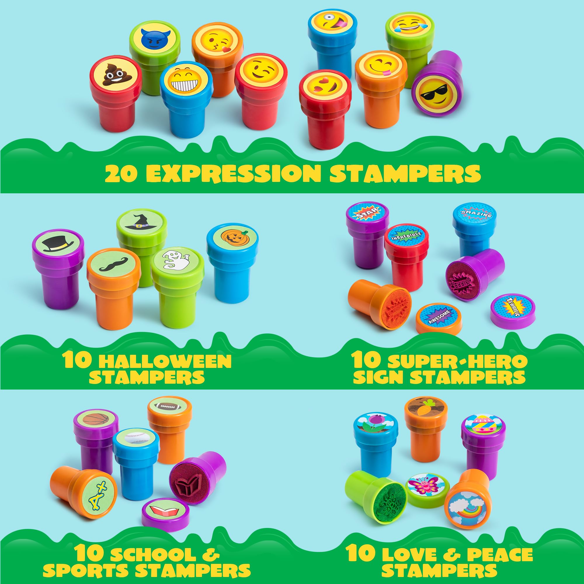 JOYIN 100 STK. Sortierte selbstfärbende Stempel für Kinder – 50 Designs, je 2 Farben, Gastgeschenke & Klassenpreise