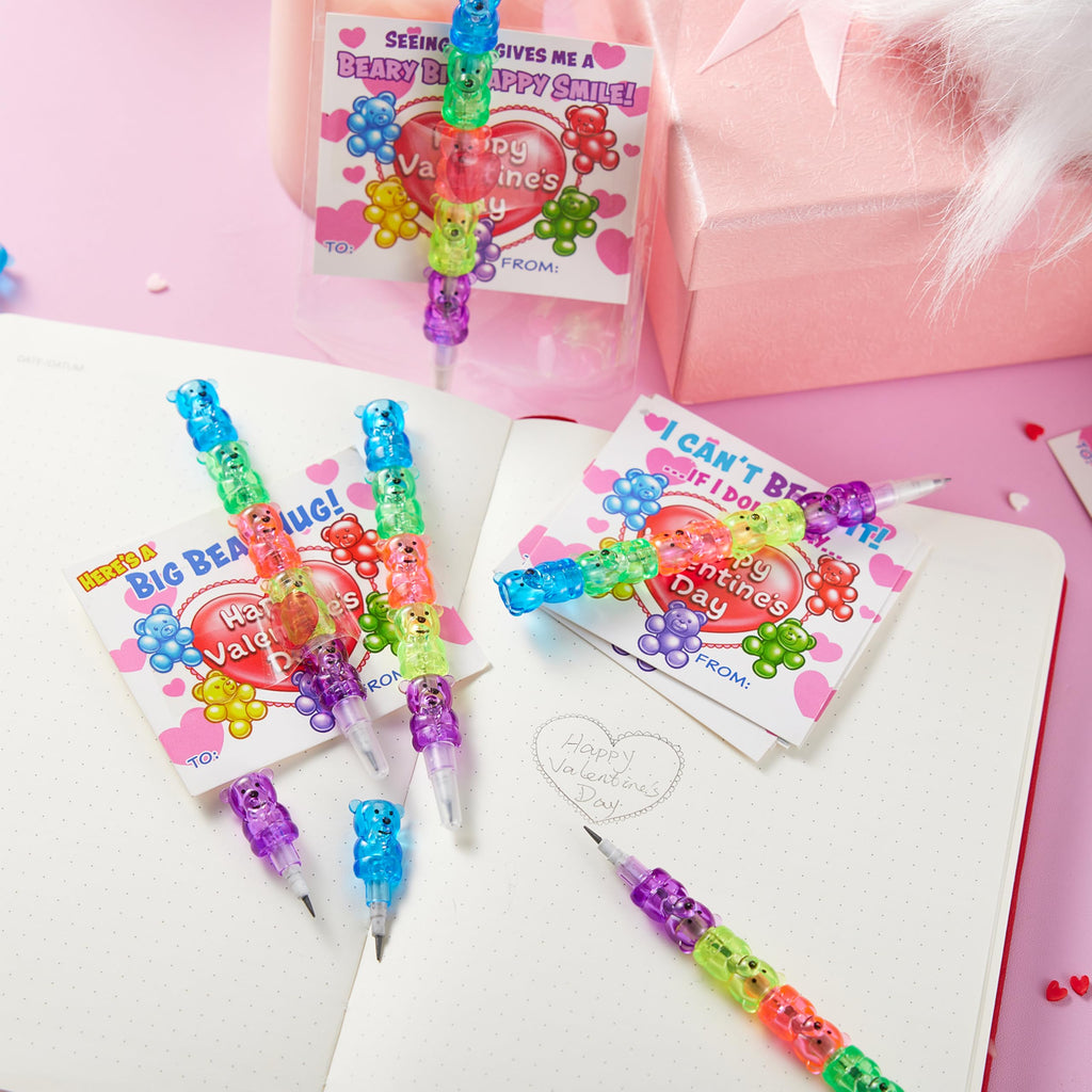 JOYIN 28PCS Valentines Day Bear Pencils & Cards — Classroom Exchange & Party Favors