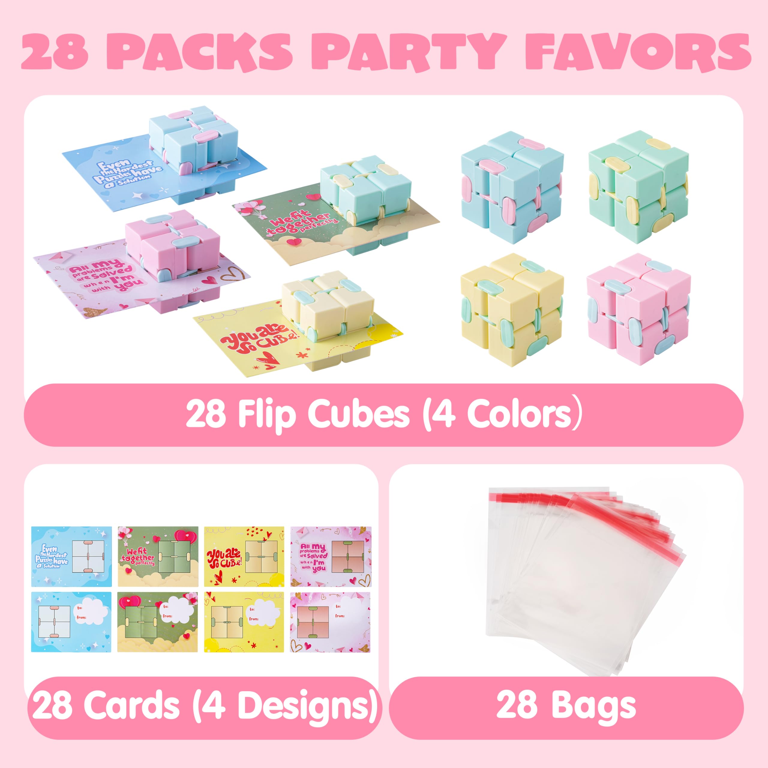 JOYIN 28-Pack Valentine’s Gift Cards with Infinity Magic Toys – Colorful Fidget Party Favors & Classroom Prizes