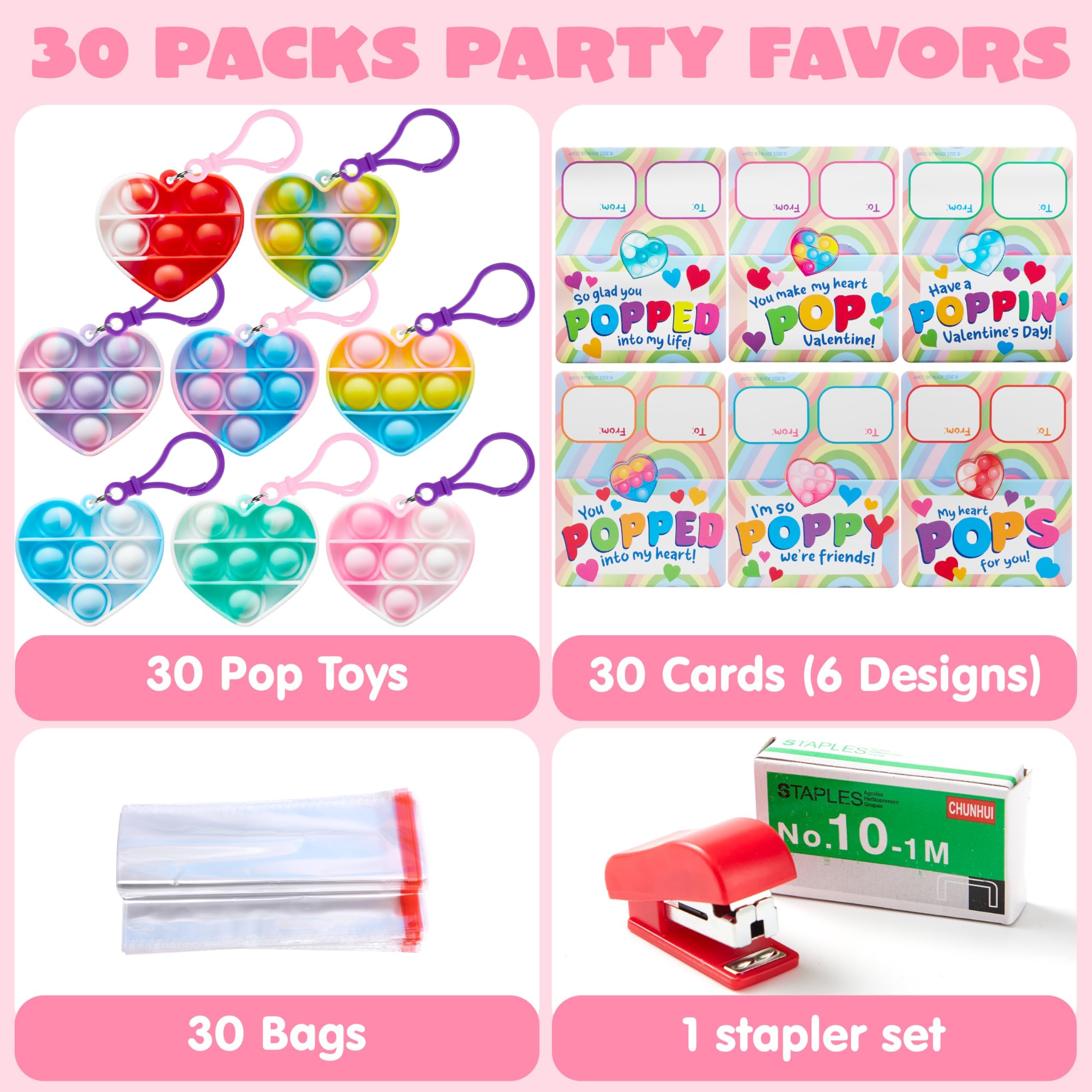 JOYIN 30 Pack Heart Pop Bubble Keychains with Valentines Cards – Classroom Gifts & Party Favors