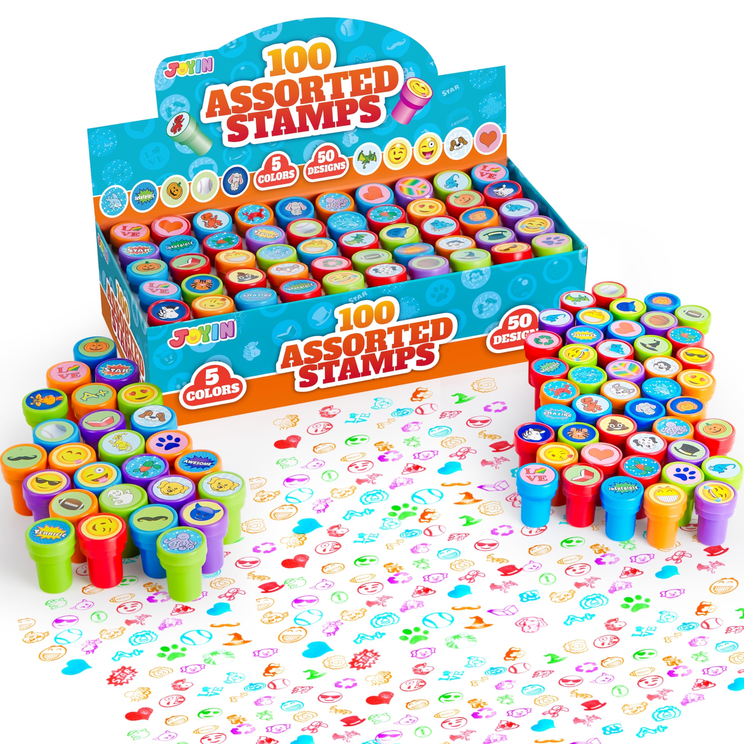 JOYIN 100 STK. Sortierte selbstfärbende Stempel für Kinder – 50 Designs, je 2 Farben, Gastgeschenke & Klassenpreise