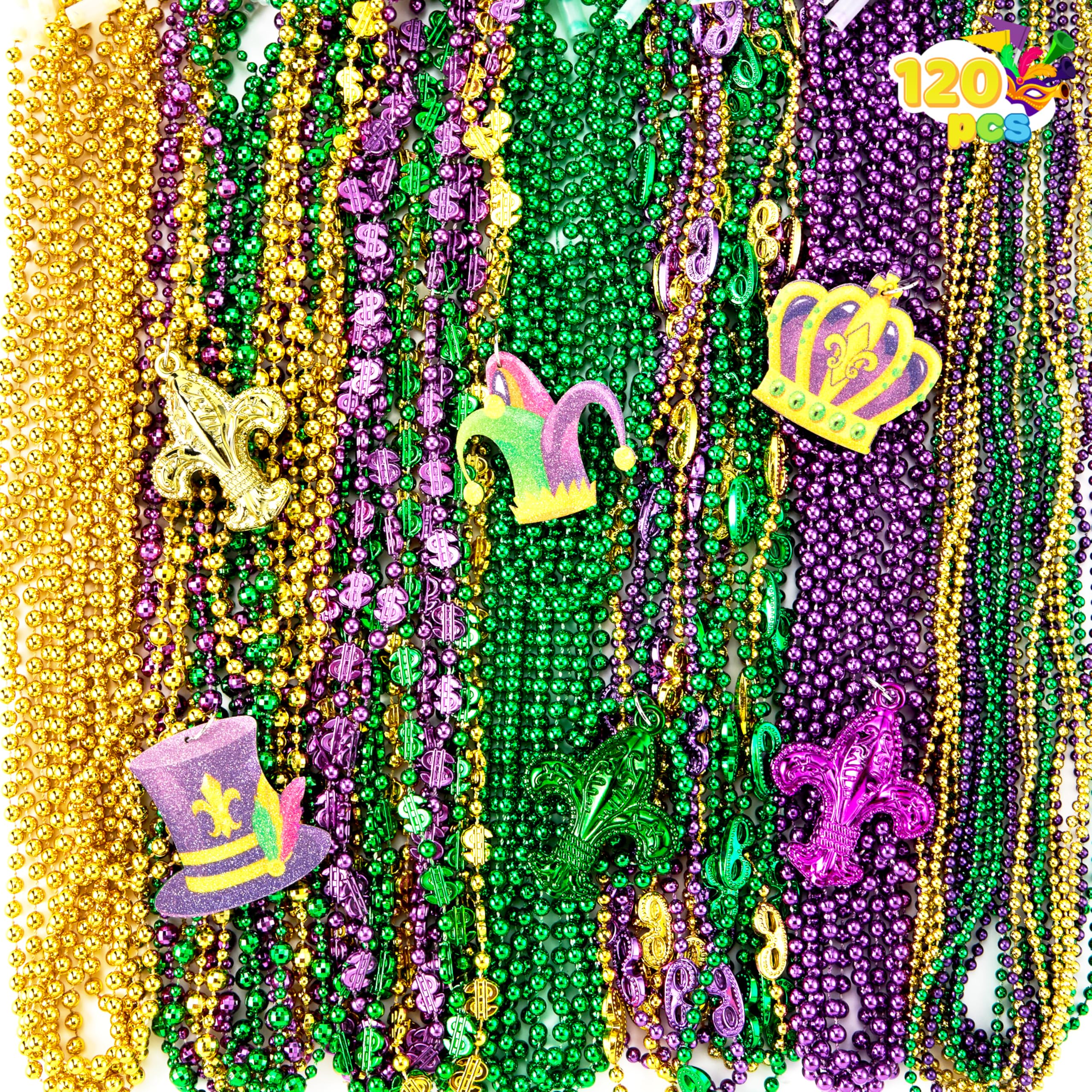 JOYIN 120 Pcs Mardi Gras Bead Necklaces with Pendant – Gold, Green & Purple Party Set
