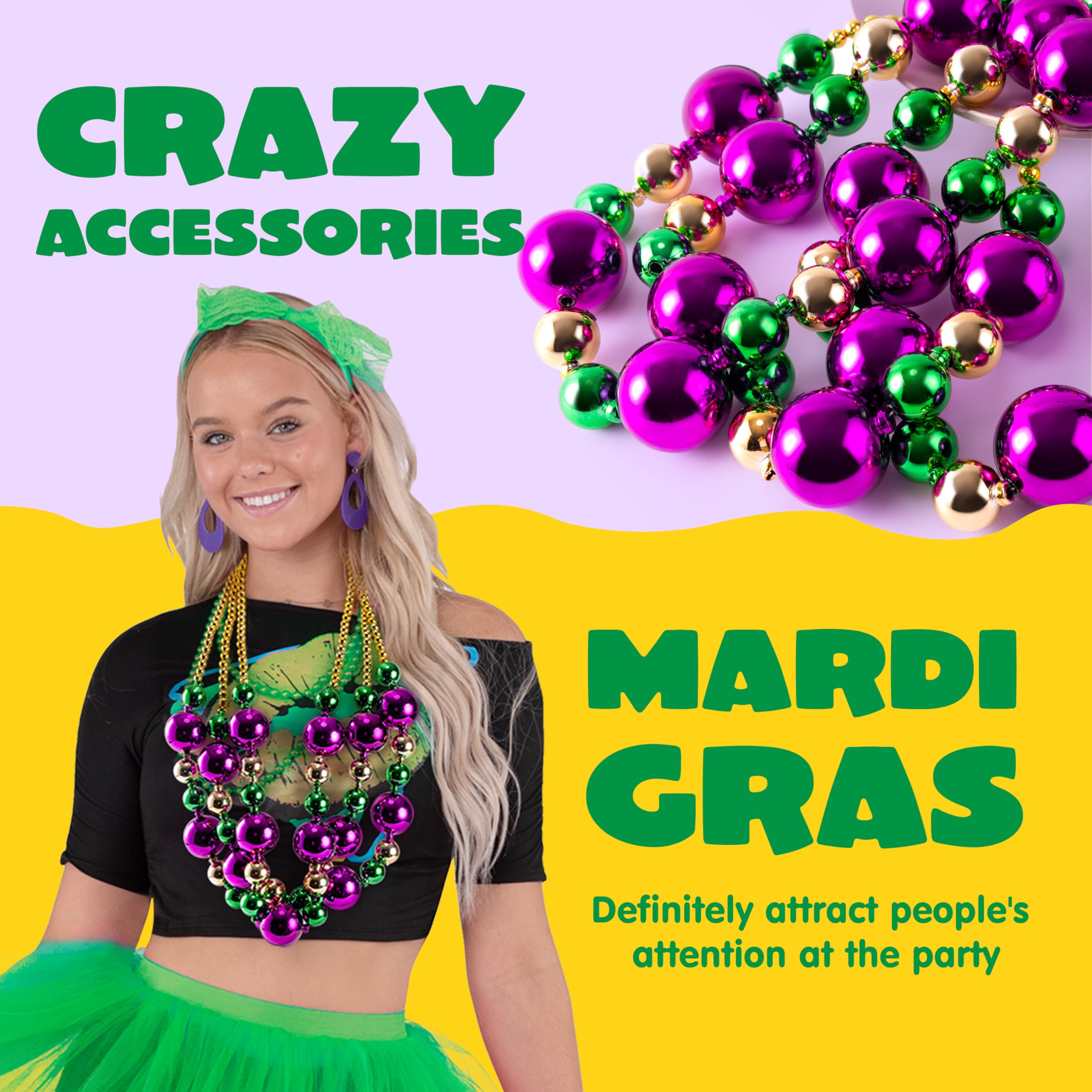 JOYIN 6-Pack 44-Inch Mardi Gras Jumbo Bead Necklaces – Gold Green Purple Party Beads