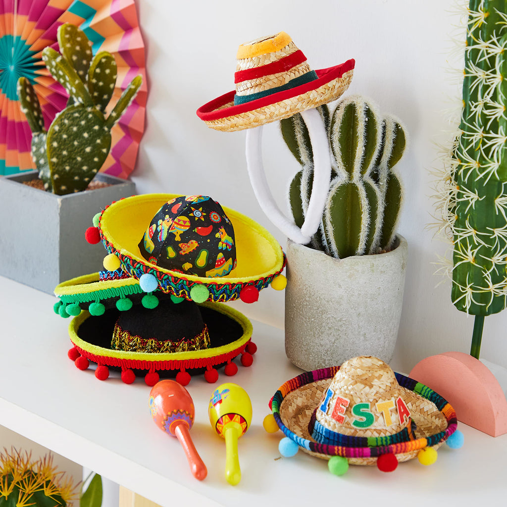 JOYIN 6-Pack Cinco De Mayo Fiesta Fabric & Straw Sombrero Headbands – Party Props & Favors
