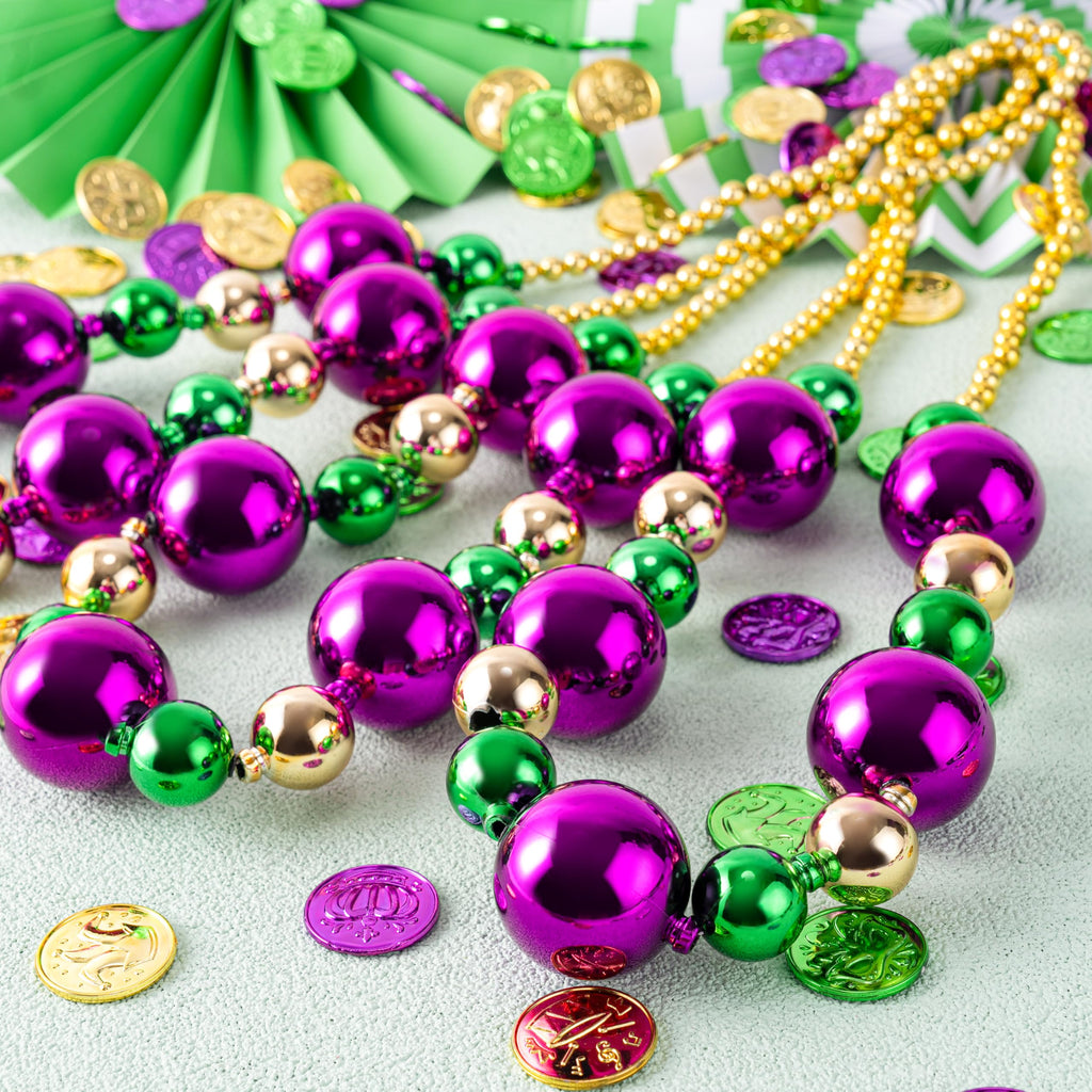 JOYIN 6-Pack 44-Inch Mardi Gras Jumbo Bead Necklaces – Gold Green Purple Party Beads