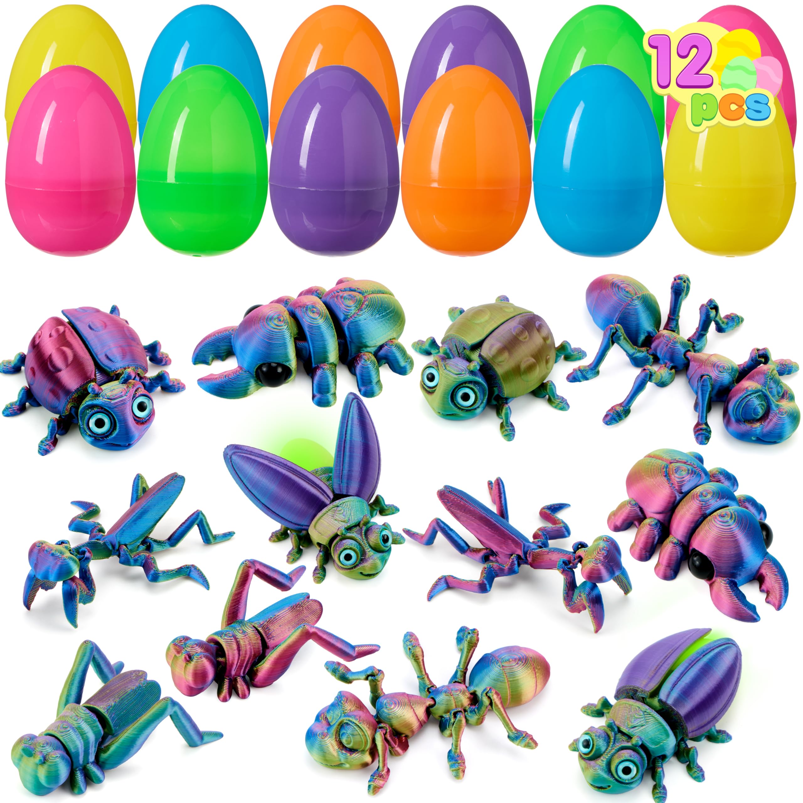 JOYIN 12 Pcs Prefilled Easter Eggs with 3D Printed Insects – Party Favors, Easter Basket Stuffers, Classroom Prizes