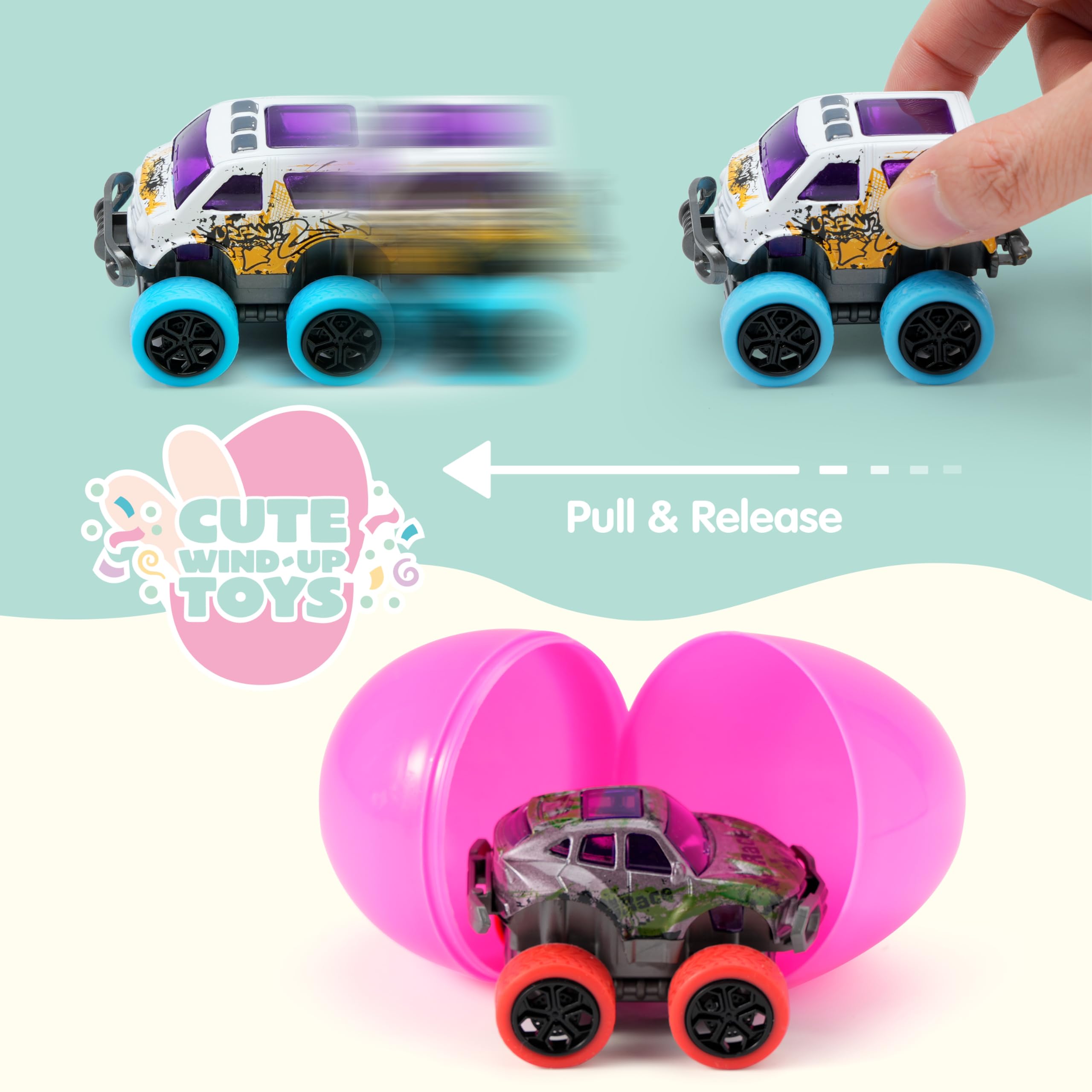 JOYIN 12 Pcs Easter Eggs with Pull-Back Monster Cars – Easter Egg Hunt Toys, Classroom Prizes & Party Favors