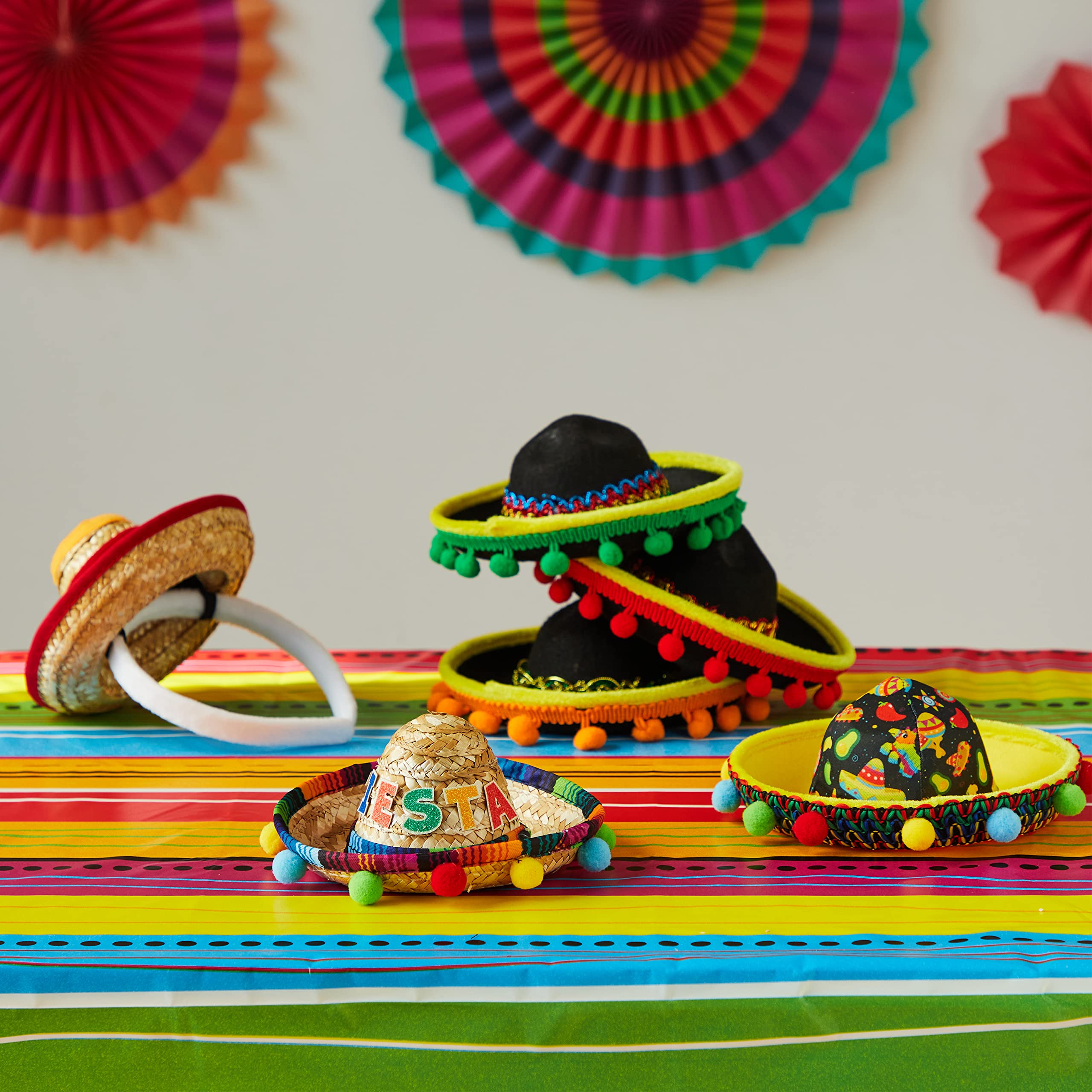 JOYIN 6-Pack Cinco De Mayo Fiesta Fabric & Straw Sombrero Headbands – Party Props & Favors