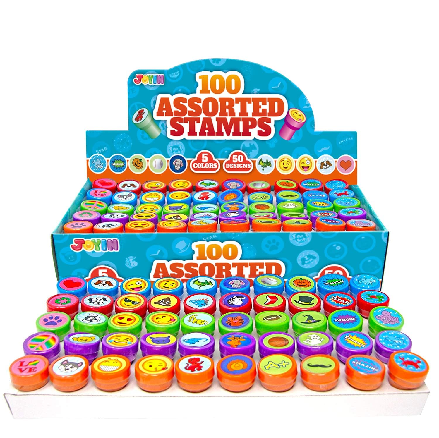 JOYIN 100 STK. Sortierte selbstfärbende Stempel für Kinder – 50 Designs, je 2 Farben, Gastgeschenke & Klassenpreise