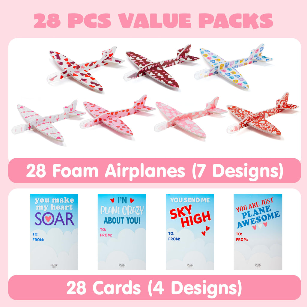 JOYIN 28-Pack Valentine Foam Airplanes with Greeting Cards | Classroom Exchange & Party Favors