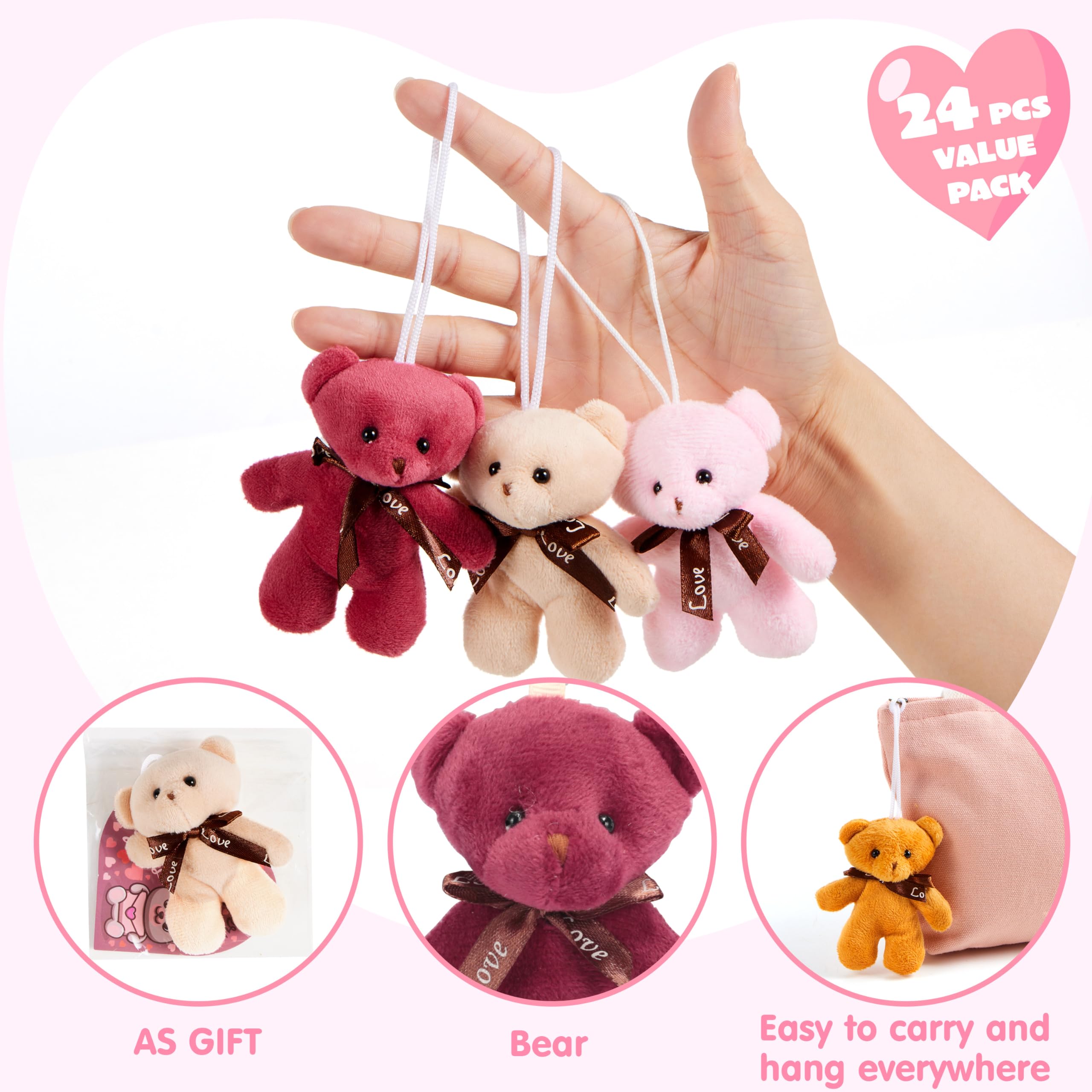 JOYIN 24-Pack Valentines Day Plush Bear Party Favors — 6 Colors, Cards & Bags | Classroom Gifts