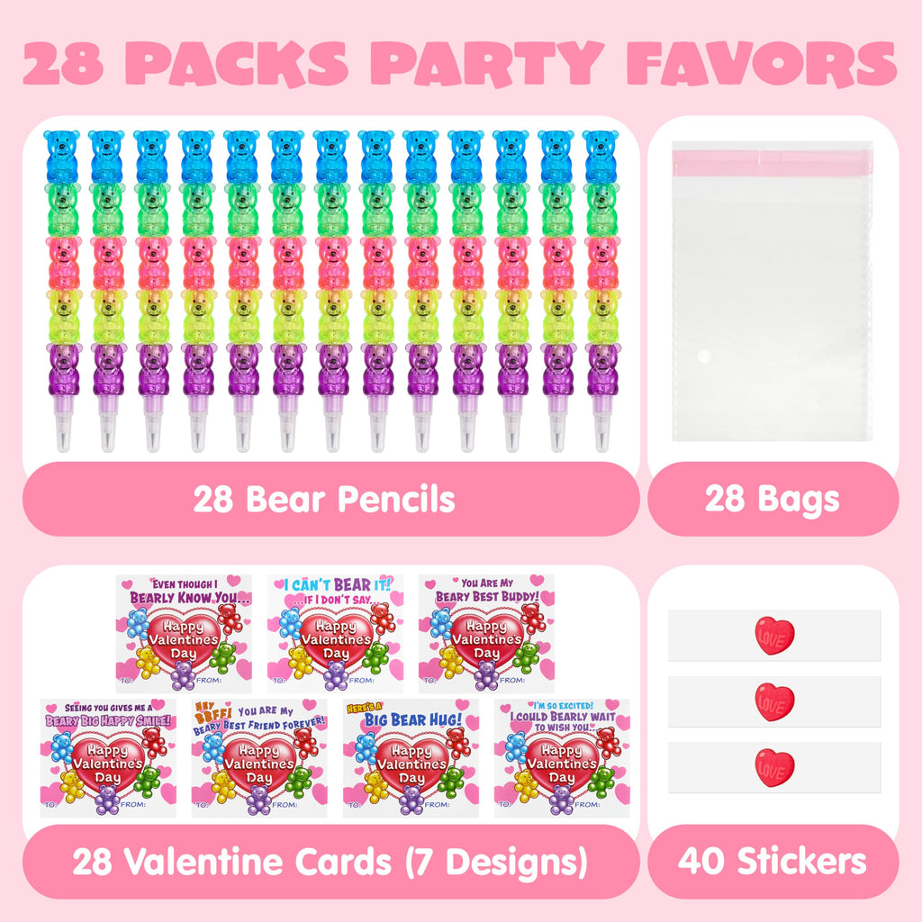 JOYIN 28PCS Valentines Day Bear Pencils & Cards — Classroom Exchange & Party Favors