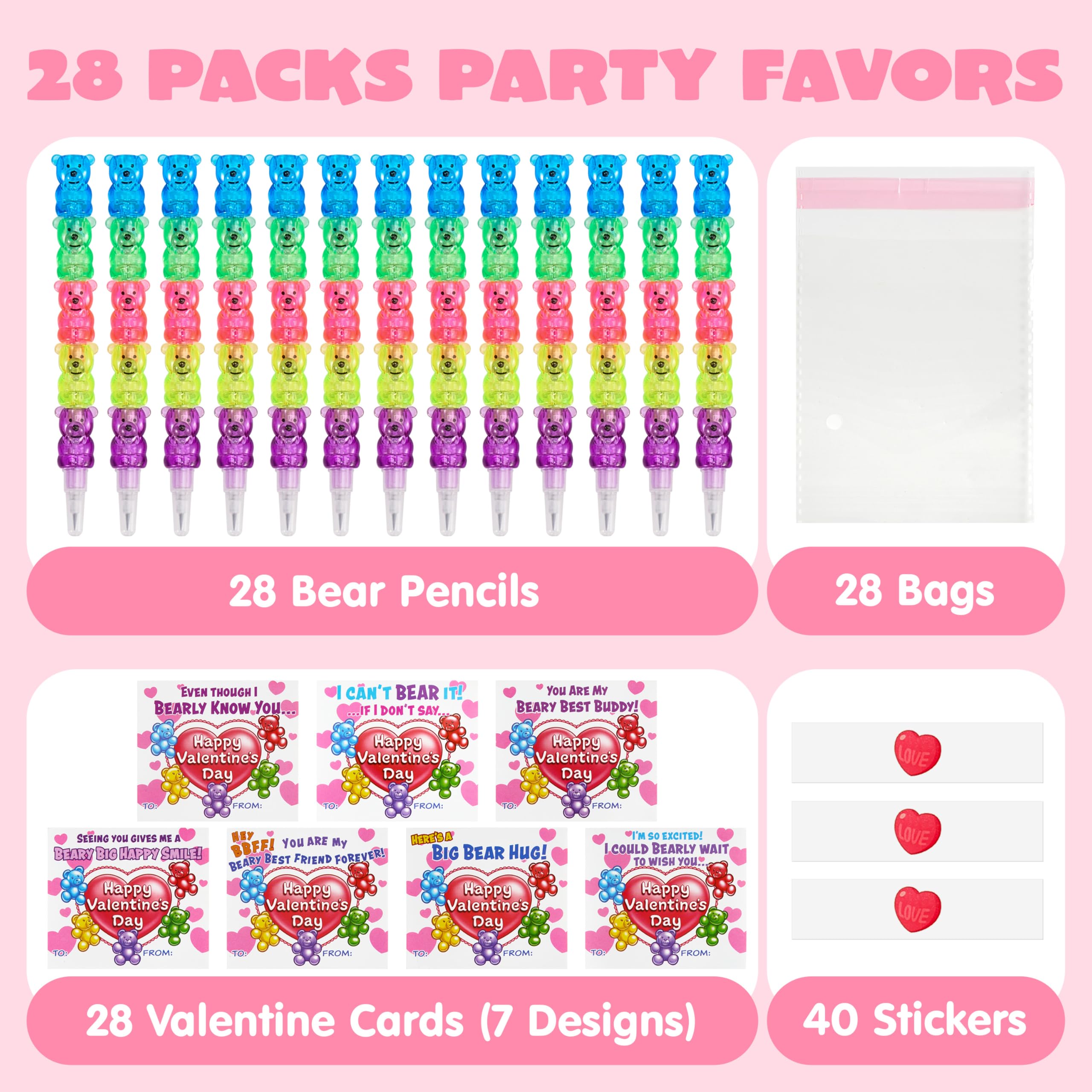 JOYIN 28PCS Valentines Day Bear Pencils & Cards — Classroom Exchange & Party Favors