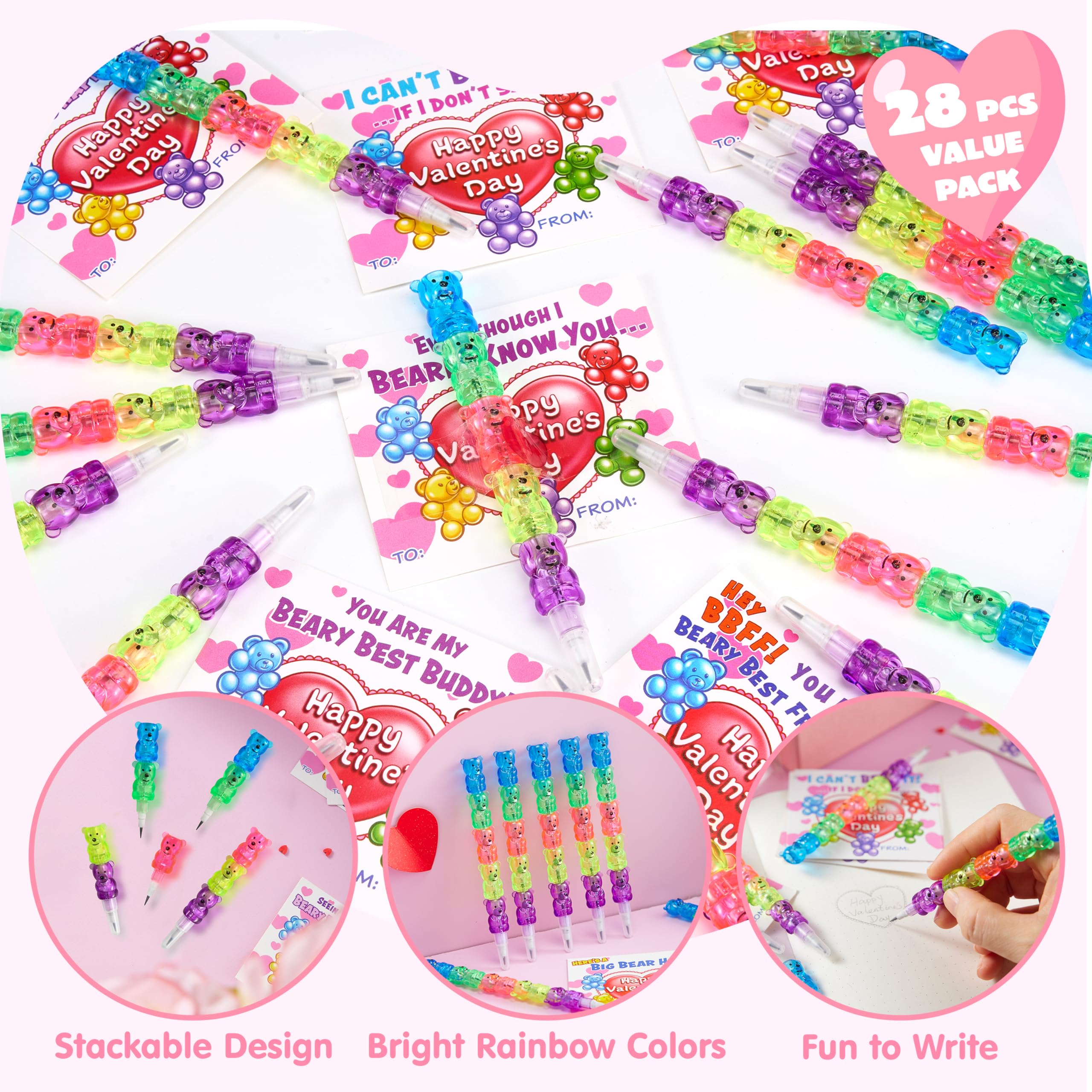 JOYIN 28PCS Valentines Day Bear Pencils & Cards — Classroom Exchange & Party Favors