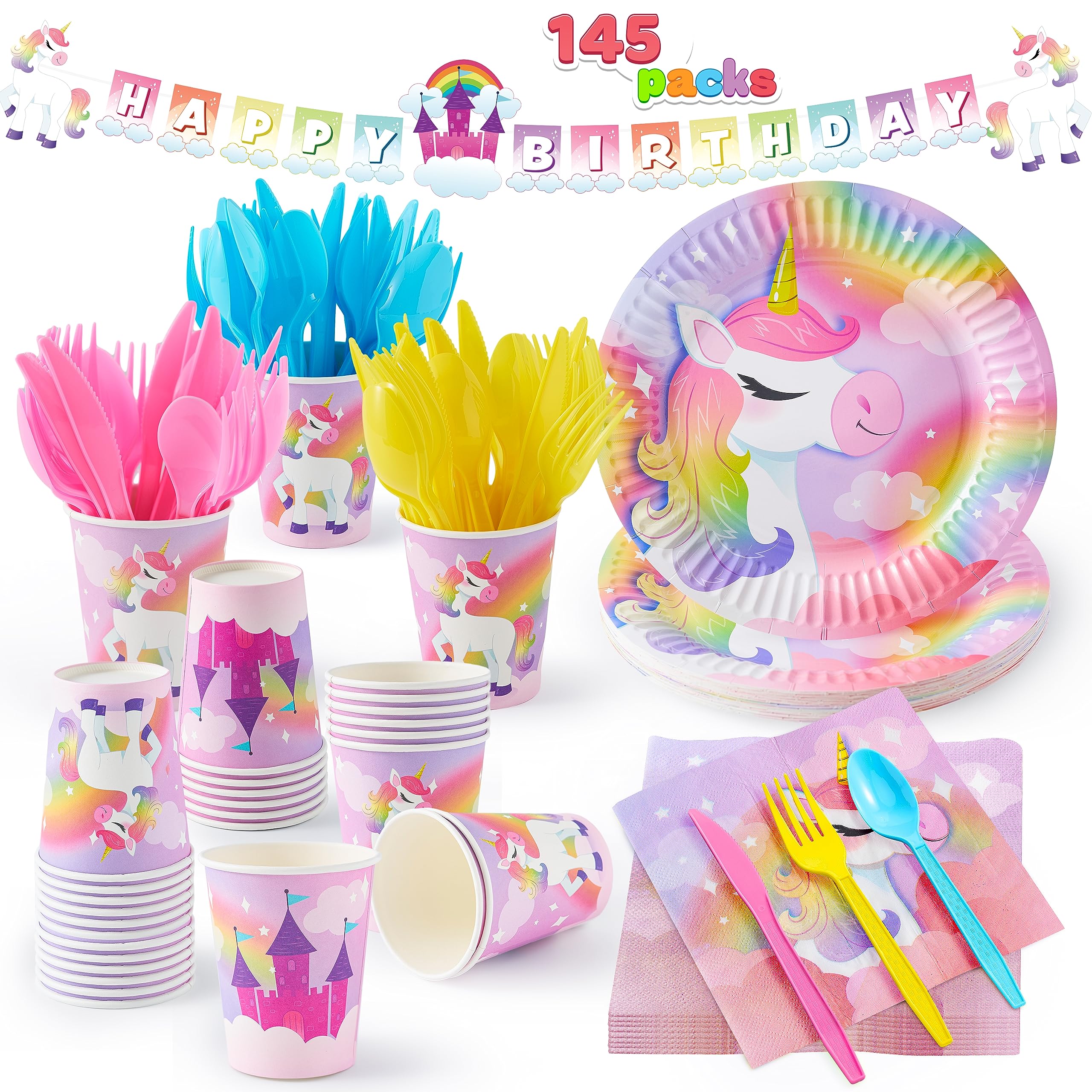 JOYIN 145-Piece Unicorn Party Supplies Set with Banner | Plates, Cups, Napkins & Cutlery
