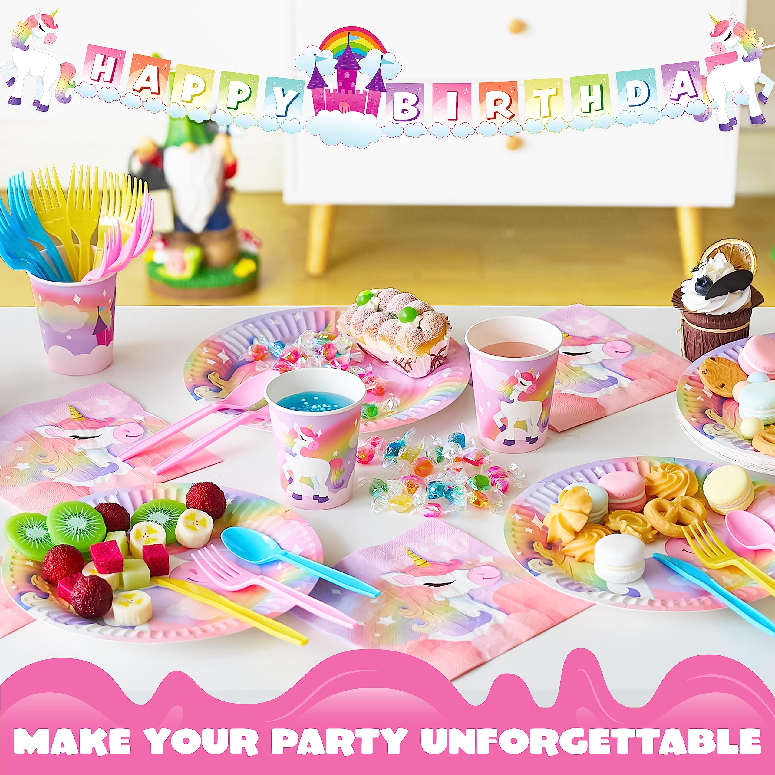 JOYIN 145-Piece Unicorn Party Supplies Set with Banner | Plates, Cups, Napkins & Cutlery