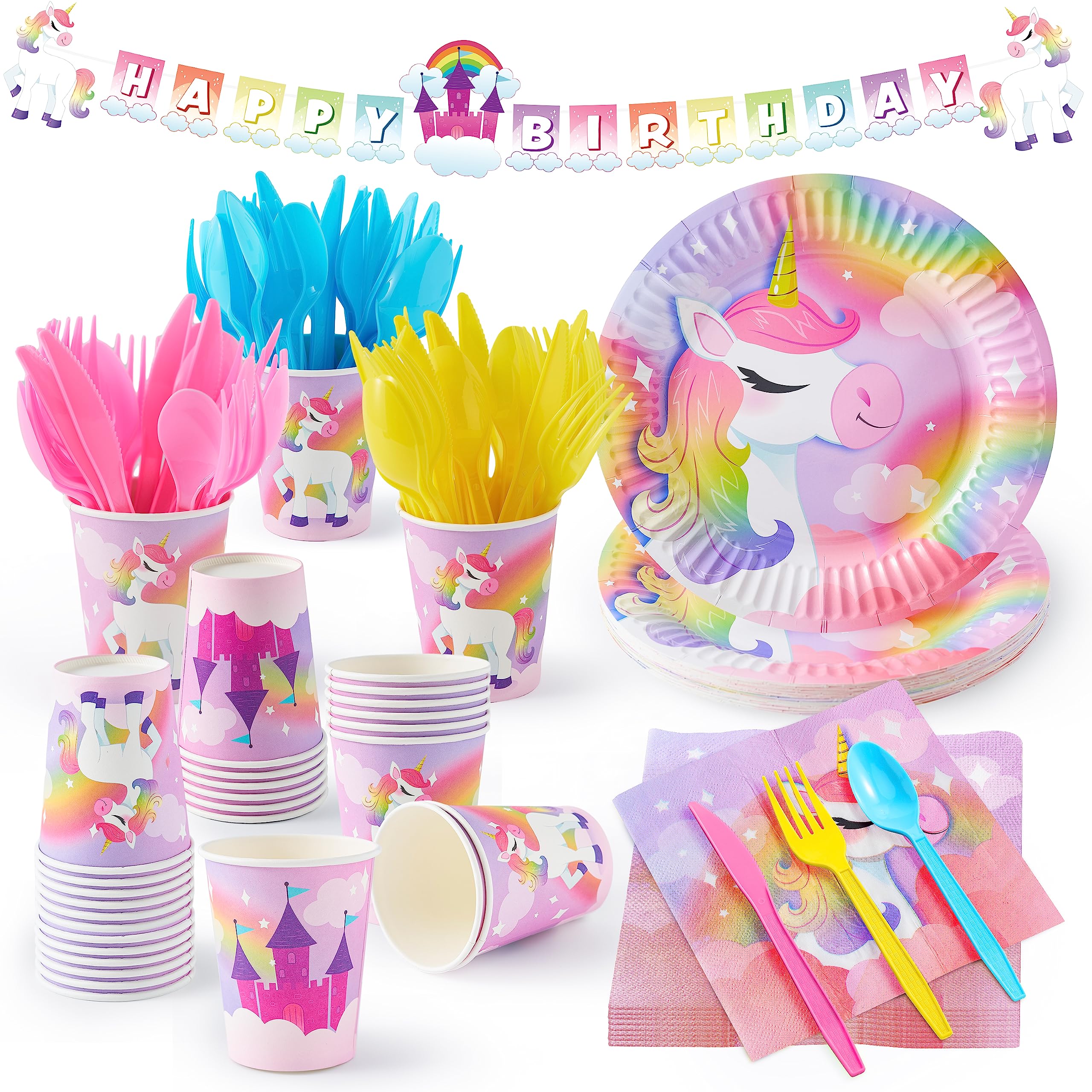 JOYIN 145-Piece Unicorn Party Supplies Set with Banner | Plates, Cups, Napkins & Cutlery