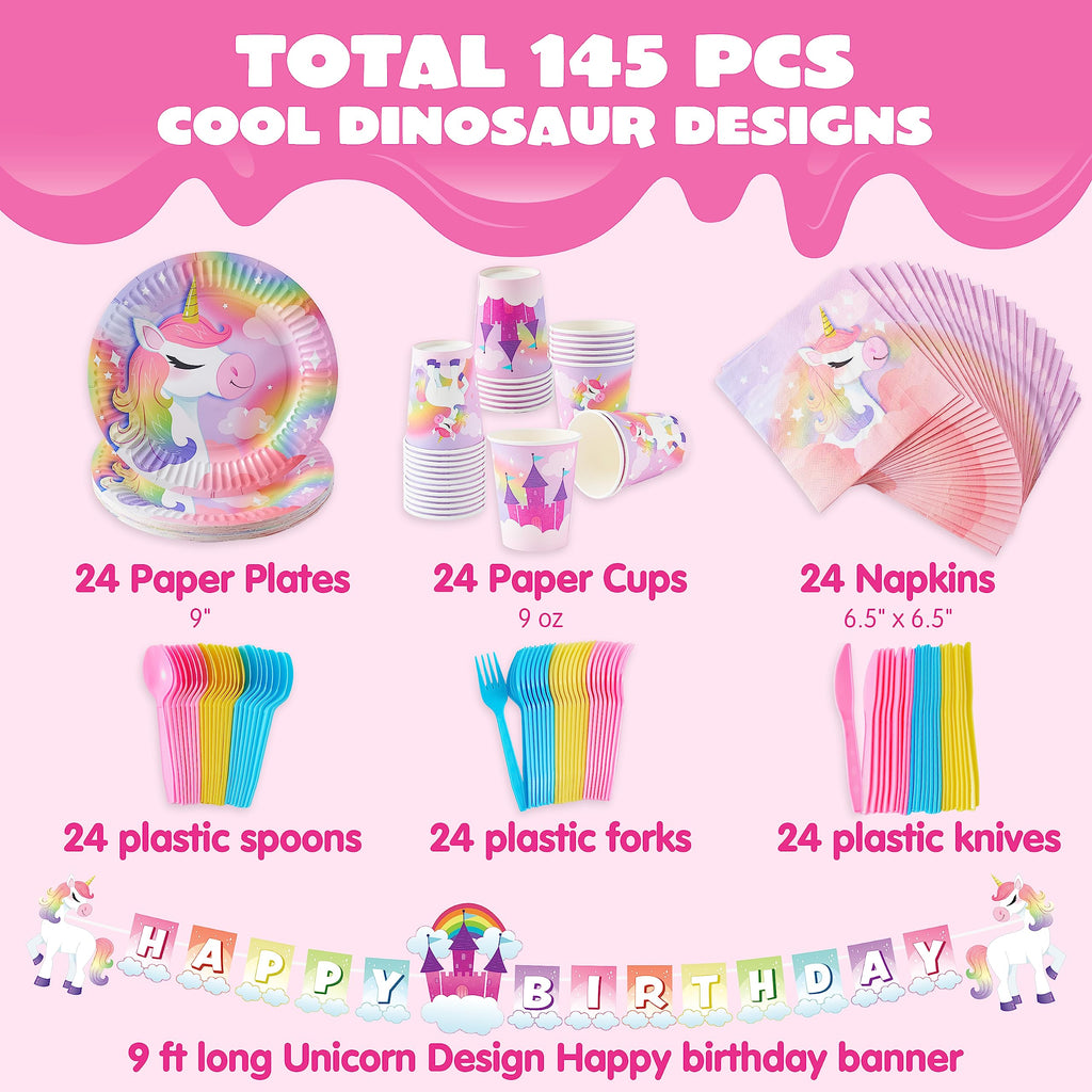 JOYIN 145-Piece Unicorn Party Supplies Set with Banner | Plates, Cups, Napkins & Cutlery