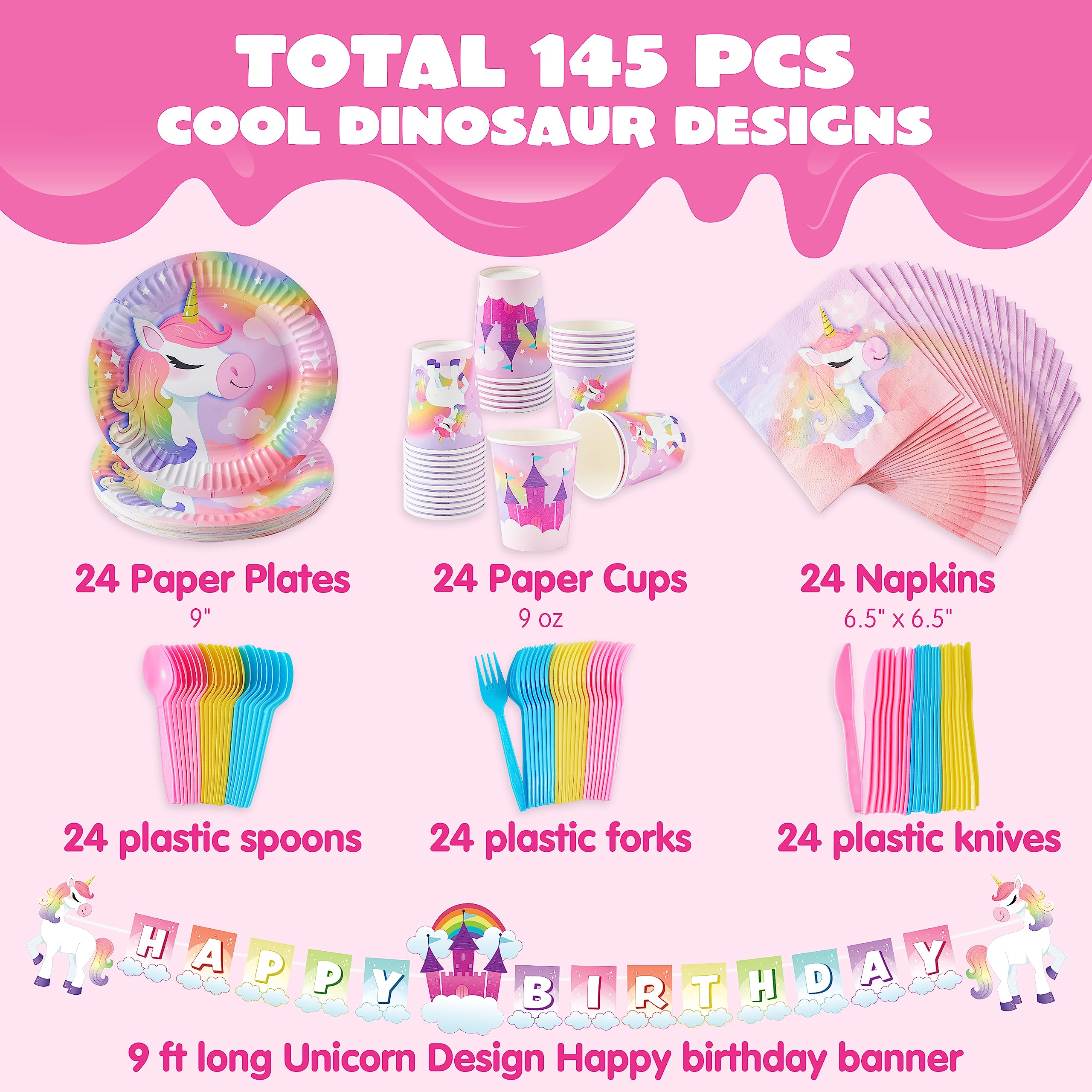 JOYIN 145-Piece Unicorn Party Supplies Set with Banner | Plates, Cups, Napkins & Cutlery