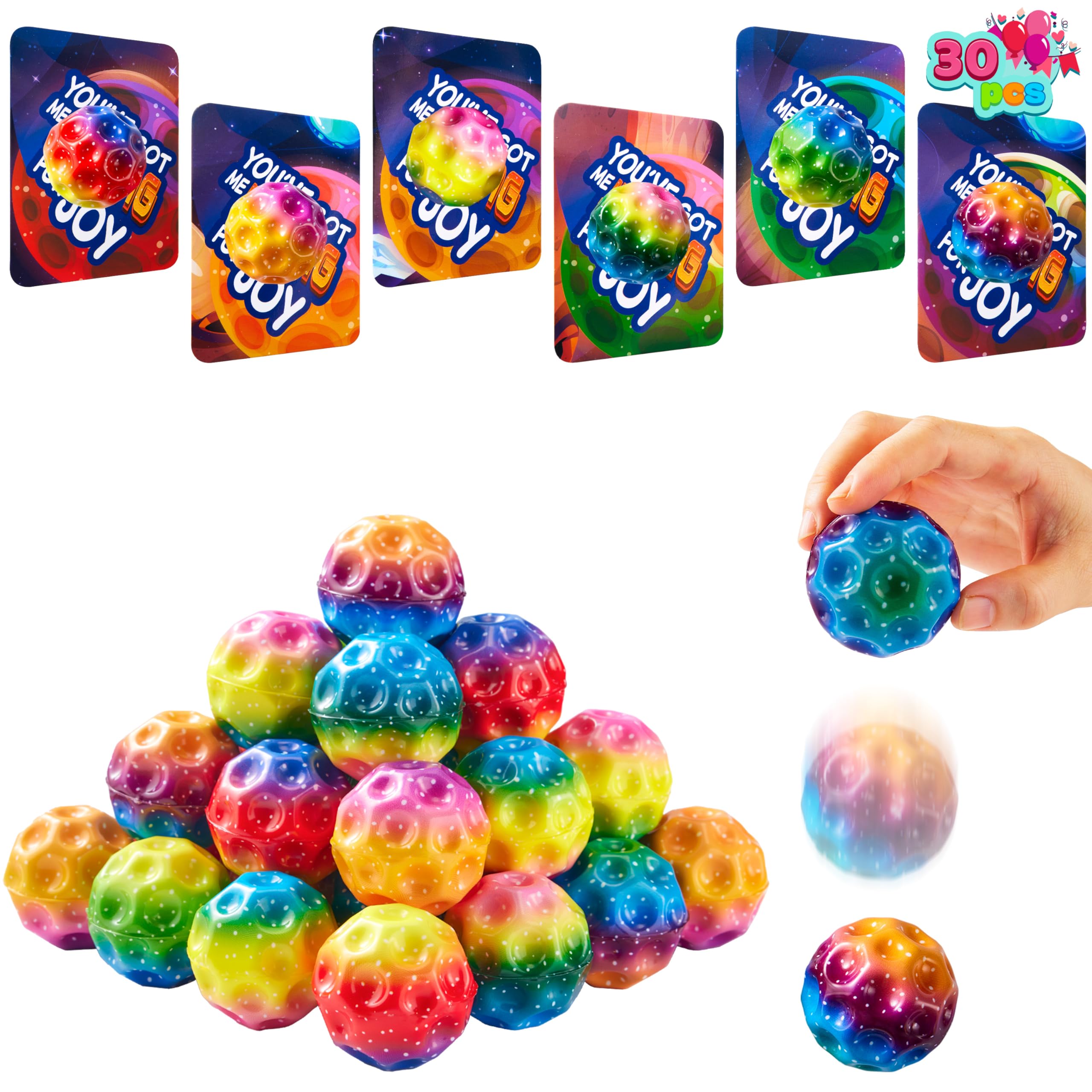 JOYIN 30 Pcs Valentine Bouncy Balls with Cards – Space-Themed Classroom Prizes & Party Favors
