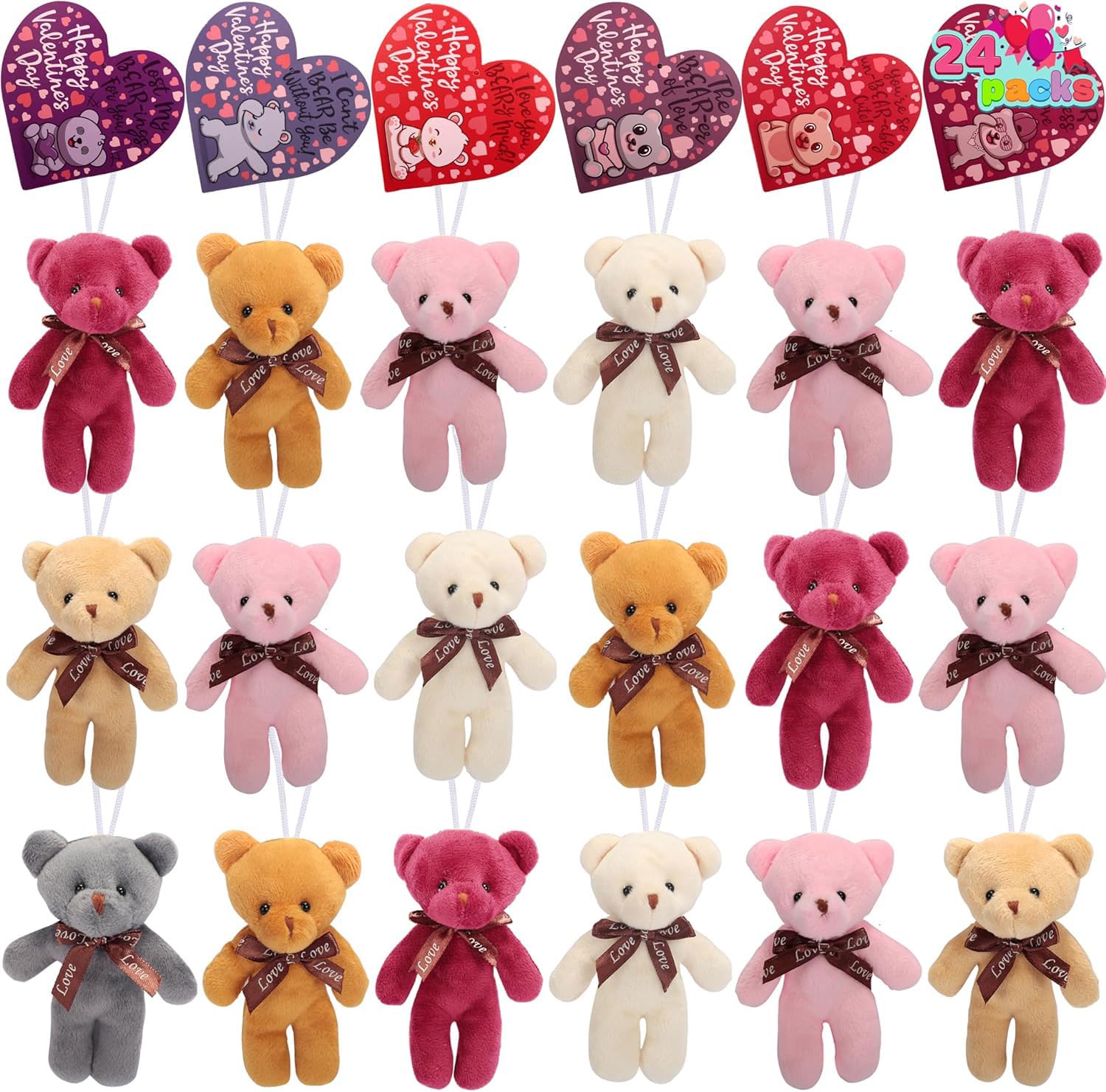 JOYIN 24-Pack Valentines Day Plush Bear Party Favors — 6 Colors, Cards & Bags | Classroom Gifts