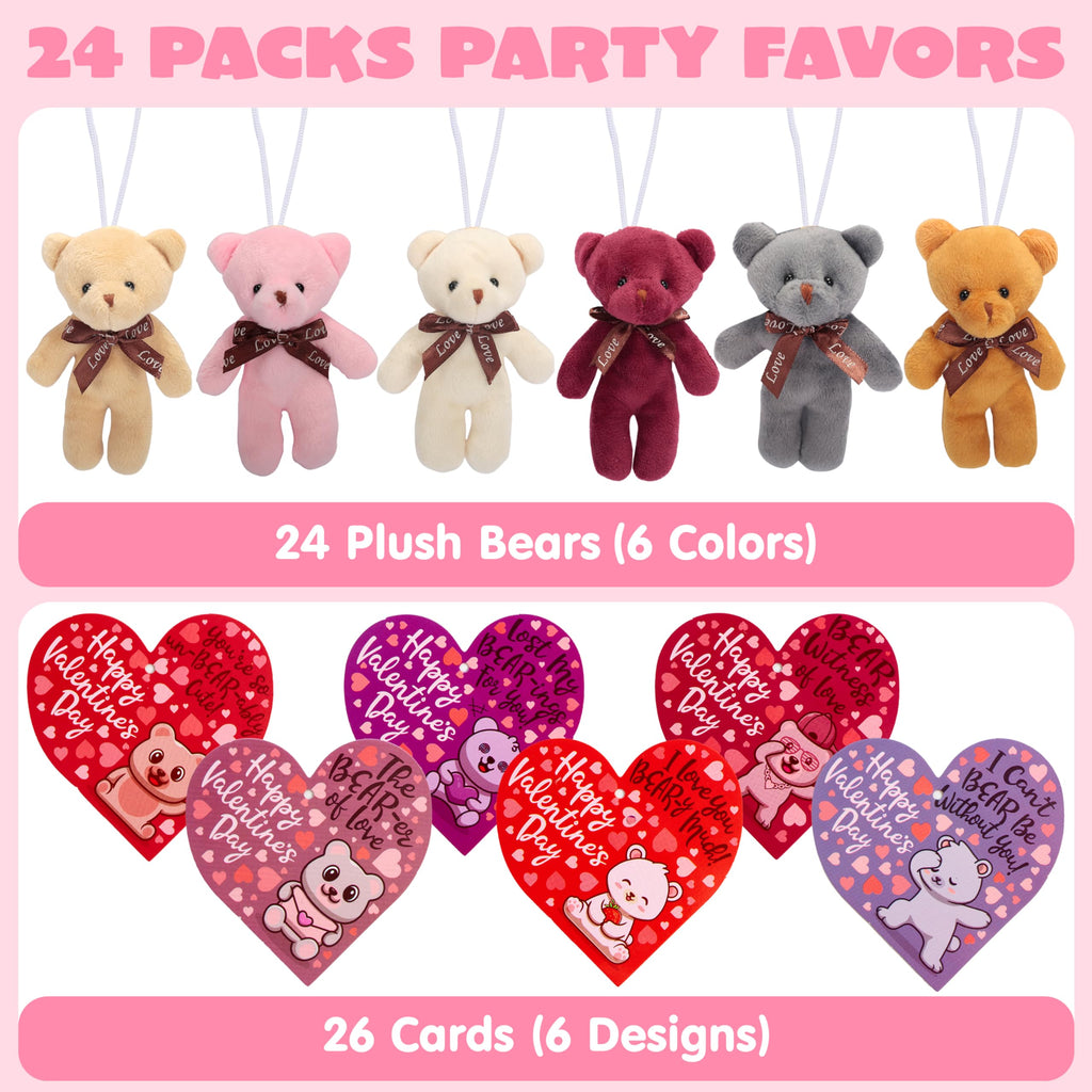 JOYIN 24-Pack Valentines Day Plush Bear Party Favors — 6 Colors, Cards & Bags | Classroom Gifts