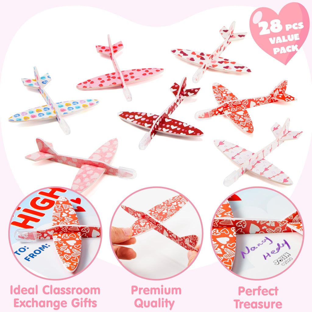 JOYIN 28-Pack Valentine Foam Airplanes with Greeting Cards | Classroom Exchange & Party Favors