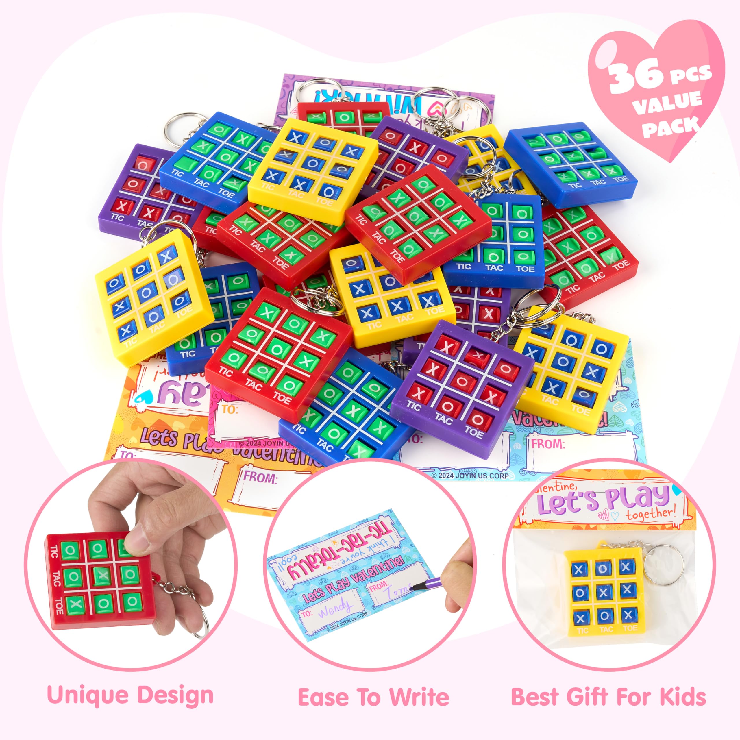 JOYIN 36 Valentines Gift Cards with Tic-Tac-Toe Keychains – Party Favors & Classroom Prizes