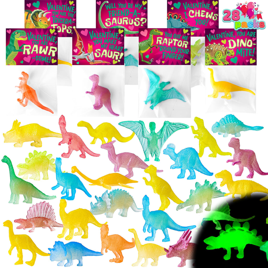 JOYIN 28 Packs Valentines Dinosaur Toys Glow in the Dark with Greeting Cards — Party Favors and Classroom Prizes