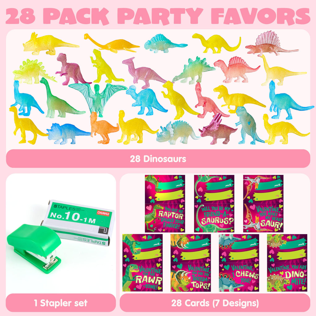 JOYIN 28 Packs Valentines Dinosaur Toys Glow in the Dark with Greeting Cards — Party Favors and Classroom Prizes