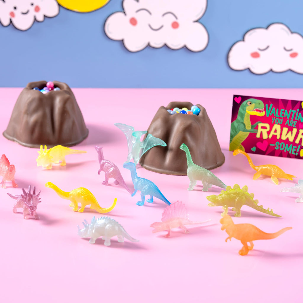 JOYIN 28 Packs Valentines Dinosaur Toys Glow in the Dark with Greeting Cards — Party Favors and Classroom Prizes