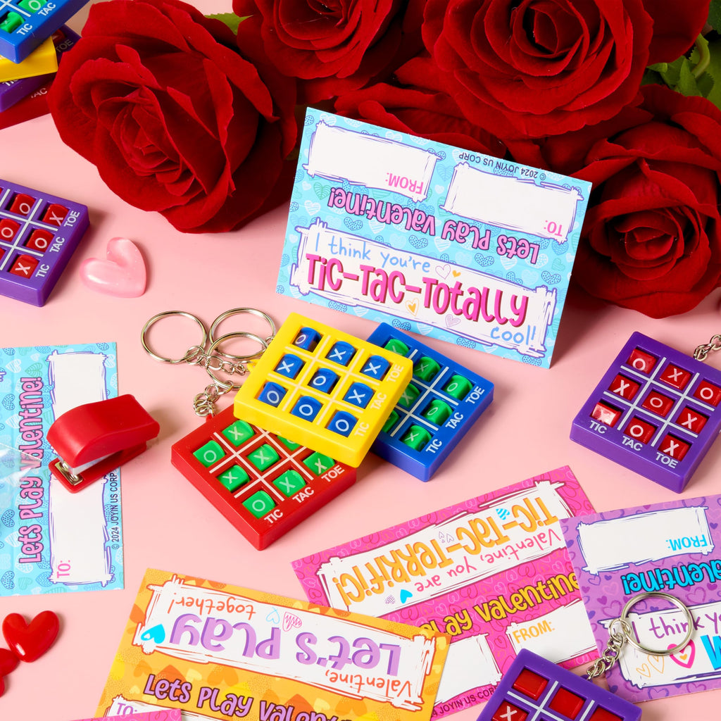 JOYIN 36 Valentines Gift Cards with Tic-Tac-Toe Keychains – Party Favors & Classroom Prizes