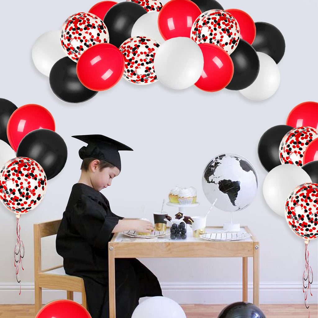 JOYYPOP 80Pcs Red Black White Balloons with Confetti – Graduation, Poker Card, Casino & Race Car Party Decorations