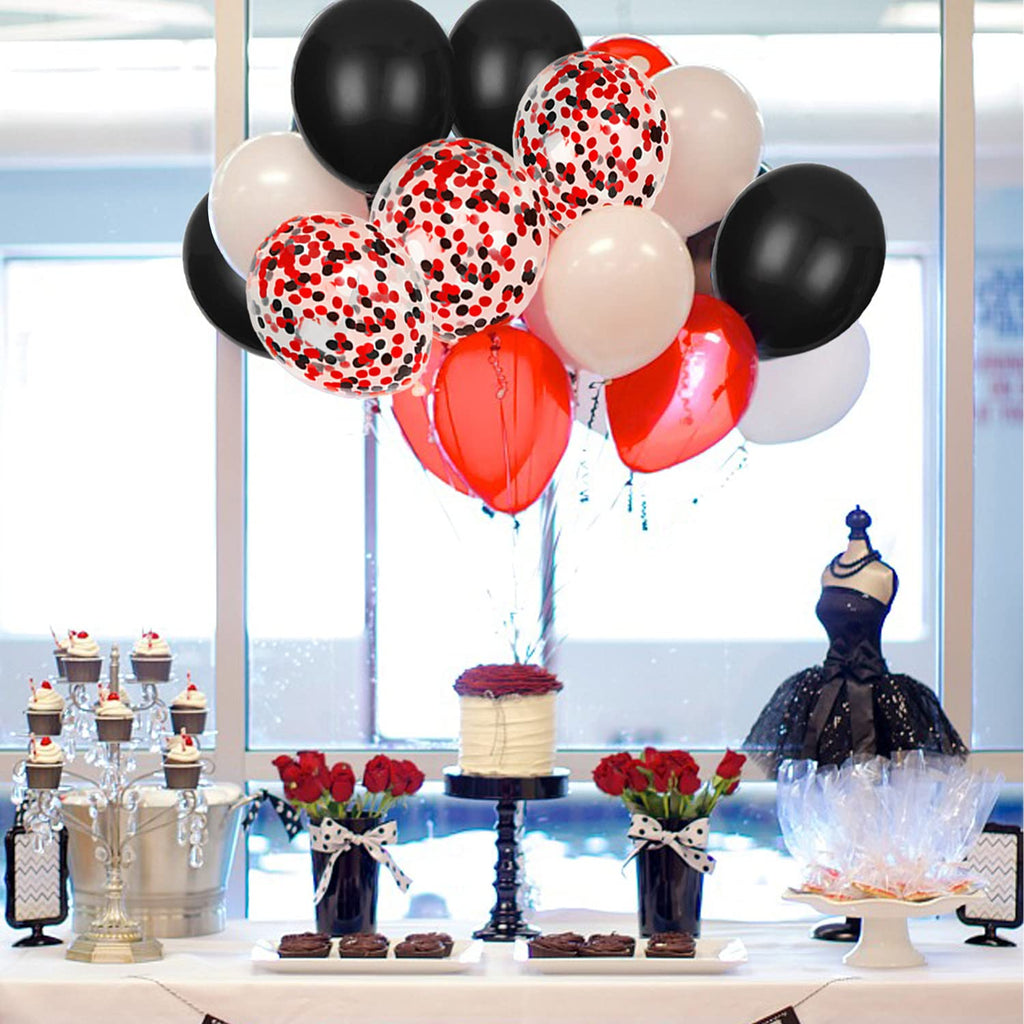 JOYYPOP 80Pcs Red Black White Balloons with Confetti – Graduation, Poker Card, Casino & Race Car Party Decorations