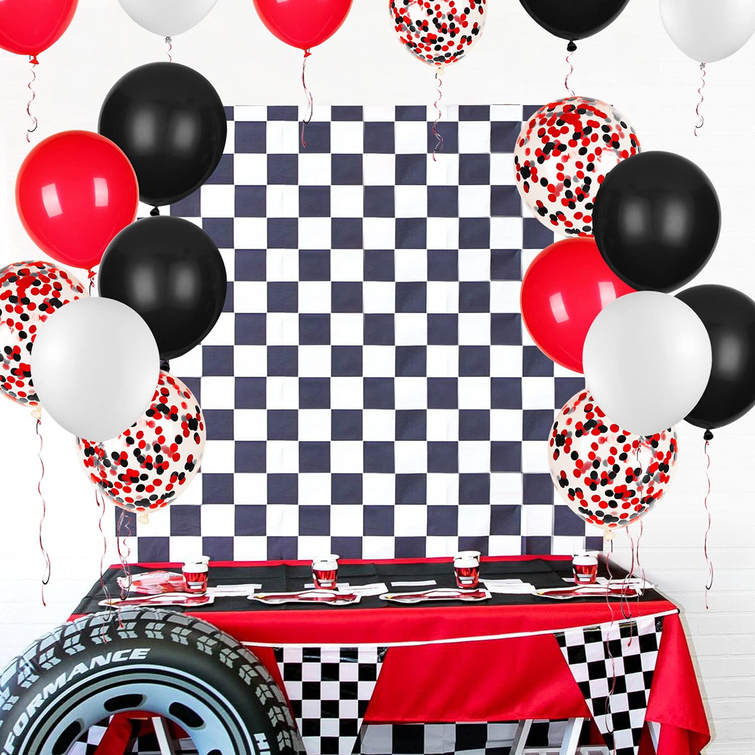 JOYYPOP 80Pcs Red Black White Balloons with Confetti – Graduation, Poker Card, Casino & Race Car Party Decorations