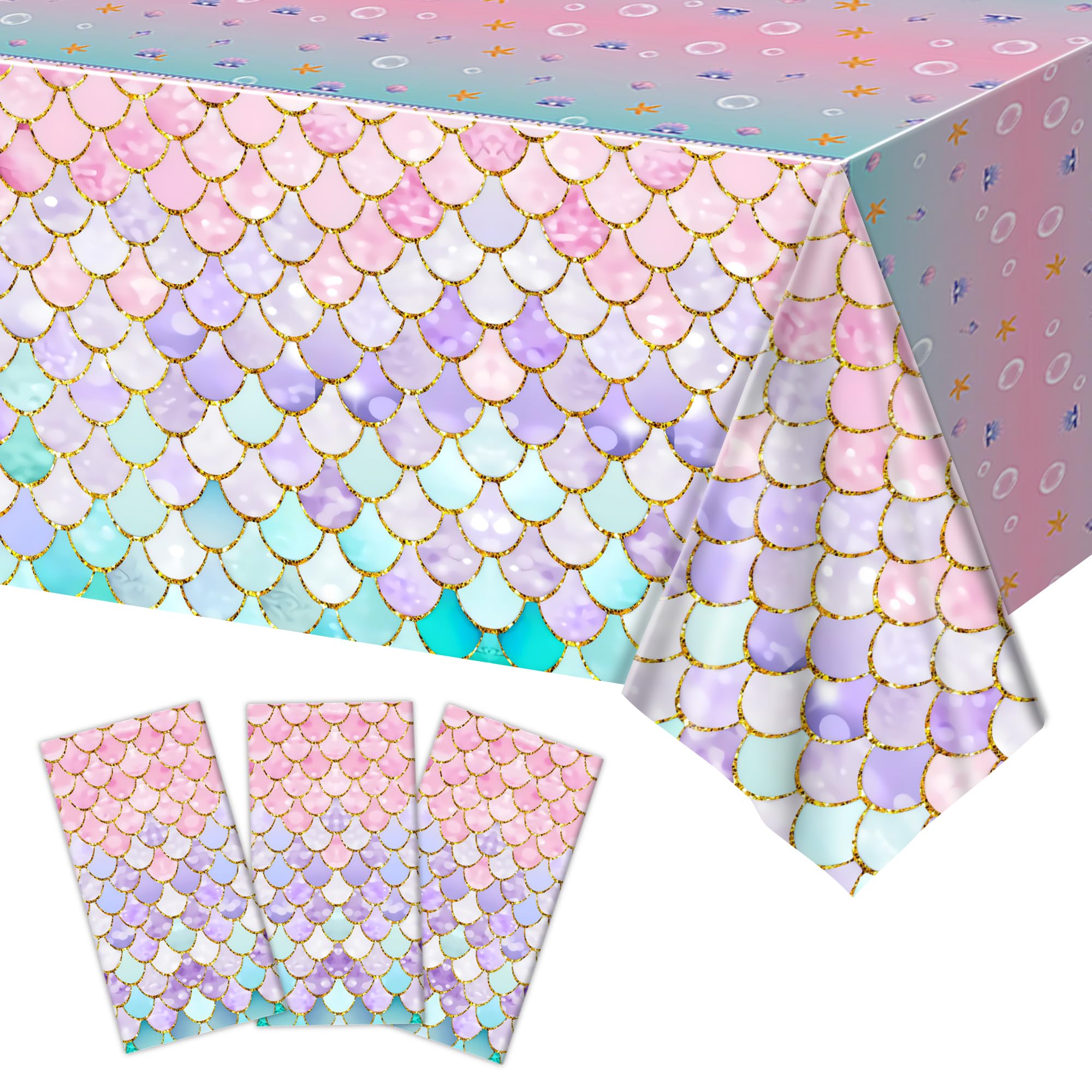 JQSSHXB Mermaid Tablecloths 3 Pack – Disposable, Fish-Scale Ocean Party Covers