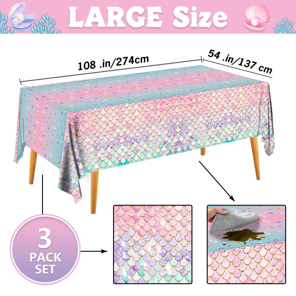JQSSHXB Mermaid Tablecloths 3 Pack – Disposable, Fish-Scale Ocean Party Covers