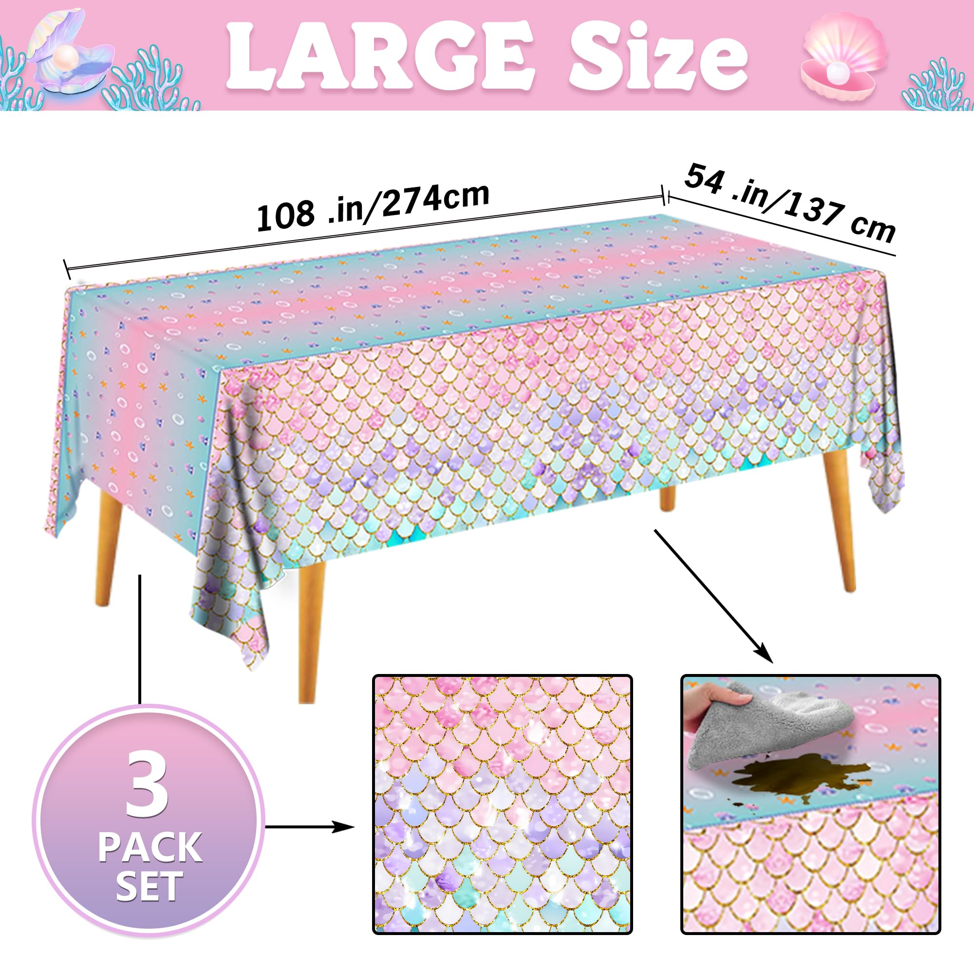 JQSSHXB Mermaid Tablecloths 3 Pack – Disposable, Fish-Scale Ocean Party Covers